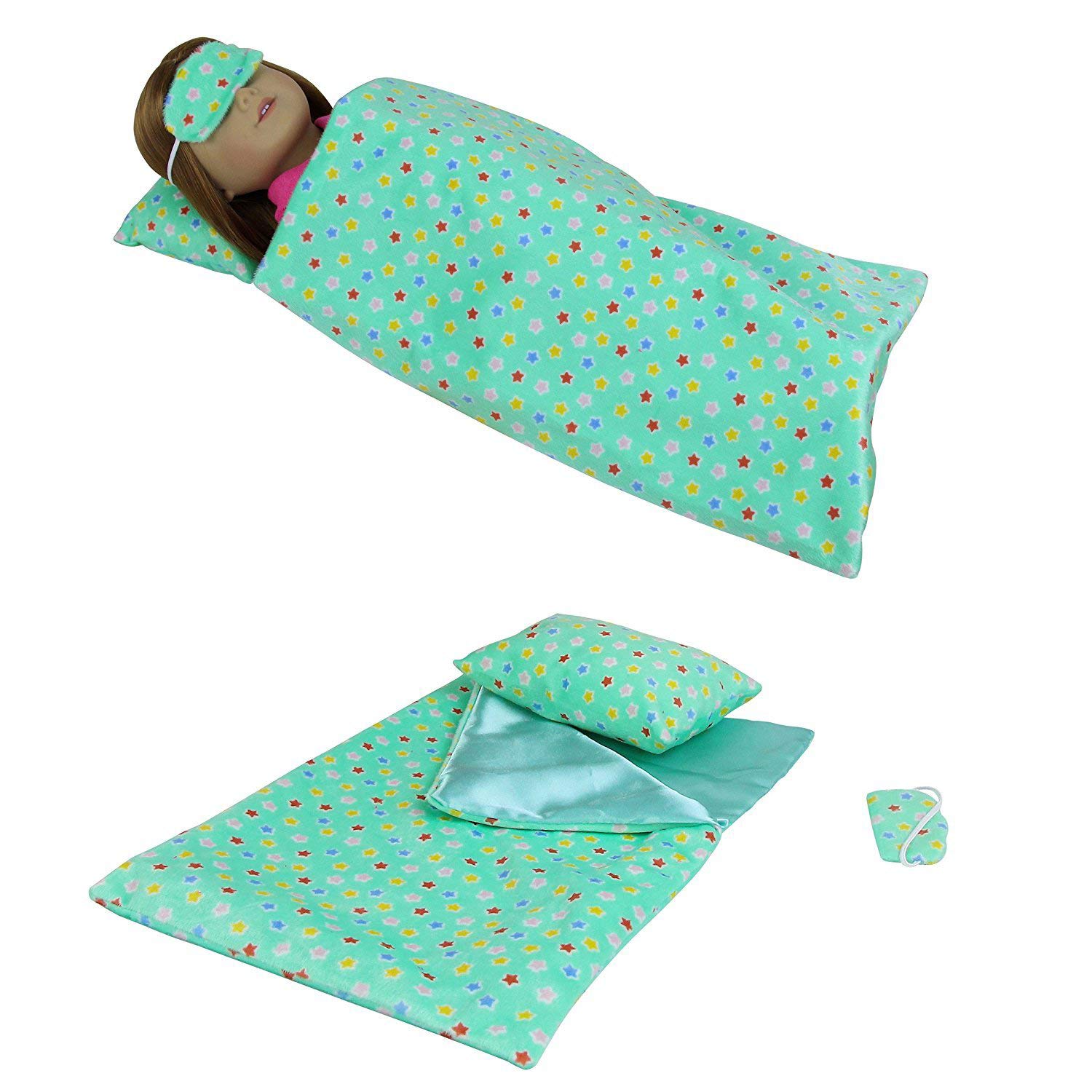 ZITA ELEMENT 3 Pcs Doll Accessories with Sleeping Bag, Pillow and Eye Mask for 18 Inch American 18 Inch Girl Doll (Green)