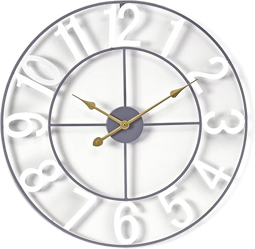 Sorbus Reloj de pared grande de 16 pulgadas, reloj decorativo de metal blanco con manecillas doradas, silencioso, funciona con pilas, decoración de