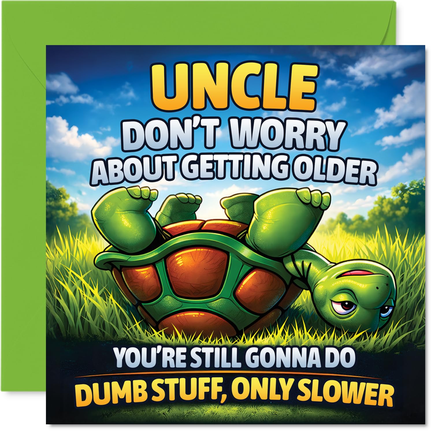 Funny Birthday Card for Uncle - Cheeky Chuckle for Your Favourite Uncle - Humorous Turtle Design with Vibrant Green and Orange - 145mm Square, Envelope Included