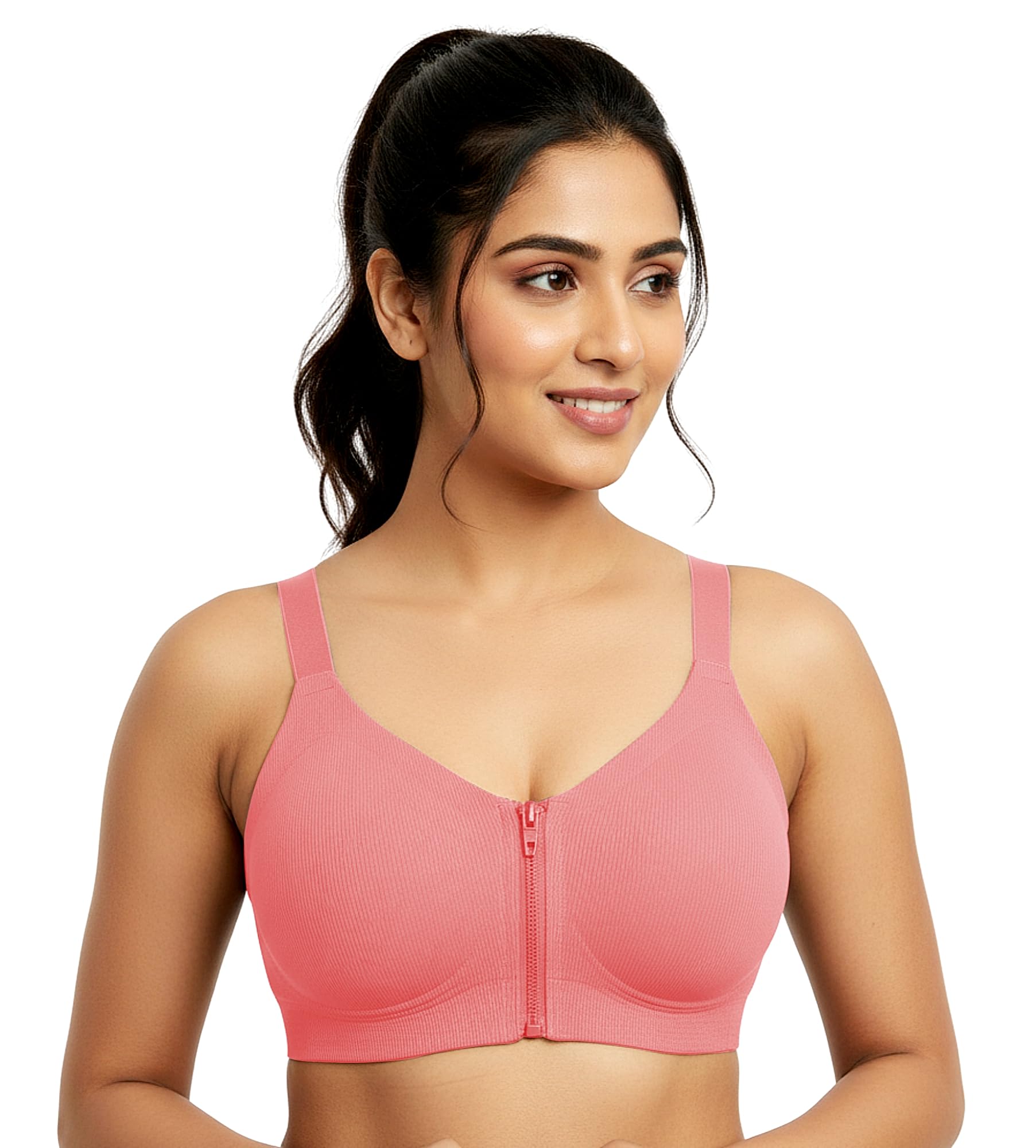 khwaish store Khwaish Women Seamless Front Lightly Pad Zip Bra – Wireless Full Coverage Ribbed Comfort Bra with Adjustable Straps, Sports Bra-picture-45