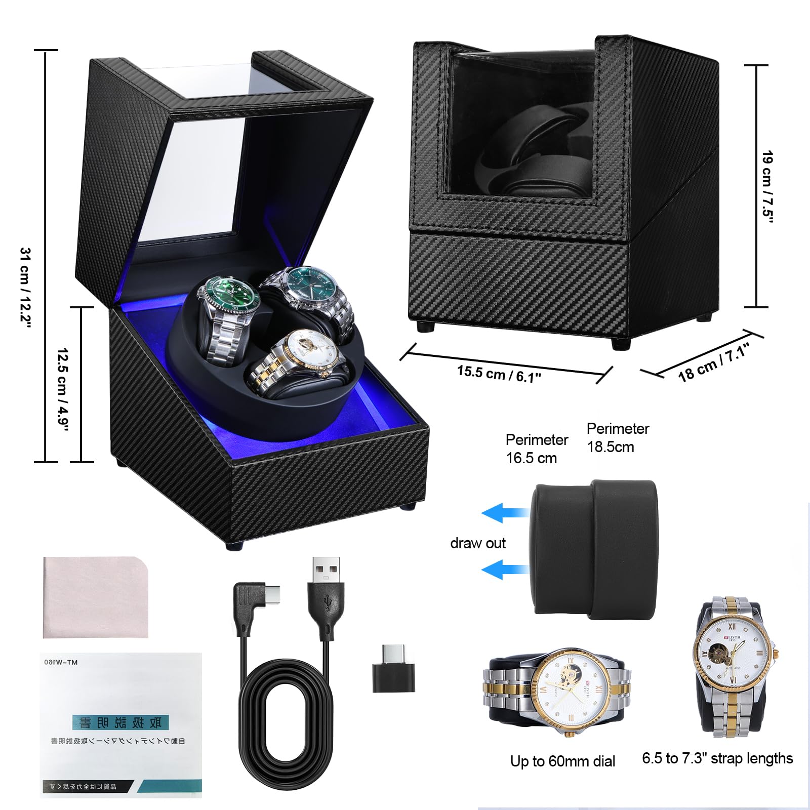 J&T Technology Uhrenbeweger für Automatikuhren, automatischer Uhrenbeweger mit LED-Licht, rotierendes Uhrengehäuse mit japanischem leisem Motor, 4 Rotationsmodi, USB Typ C