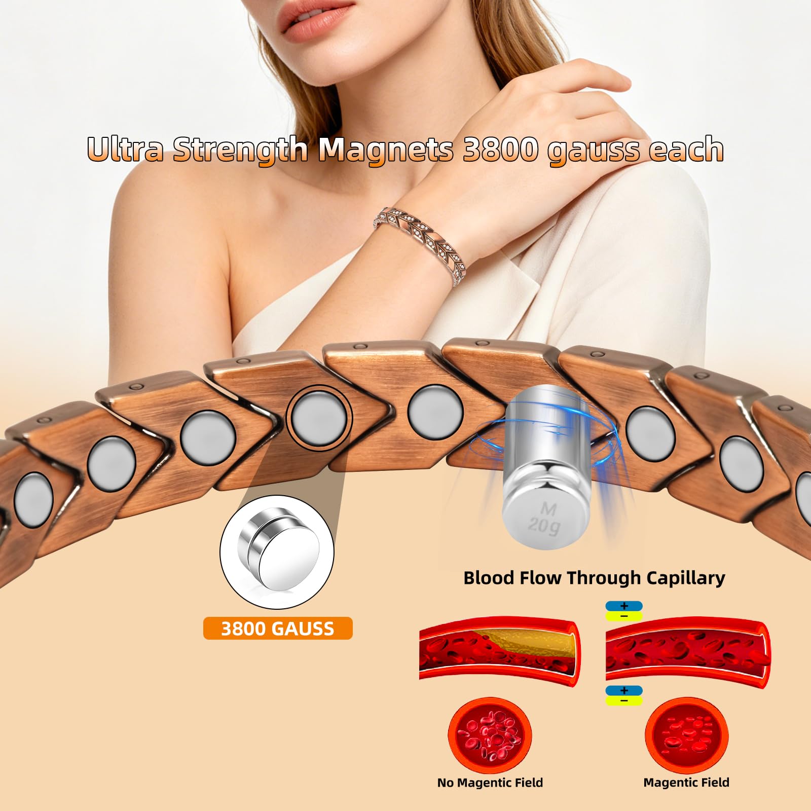 Jeroot Kupferarmband Damen & Frauen mit Zirkonia Magneten Armaband