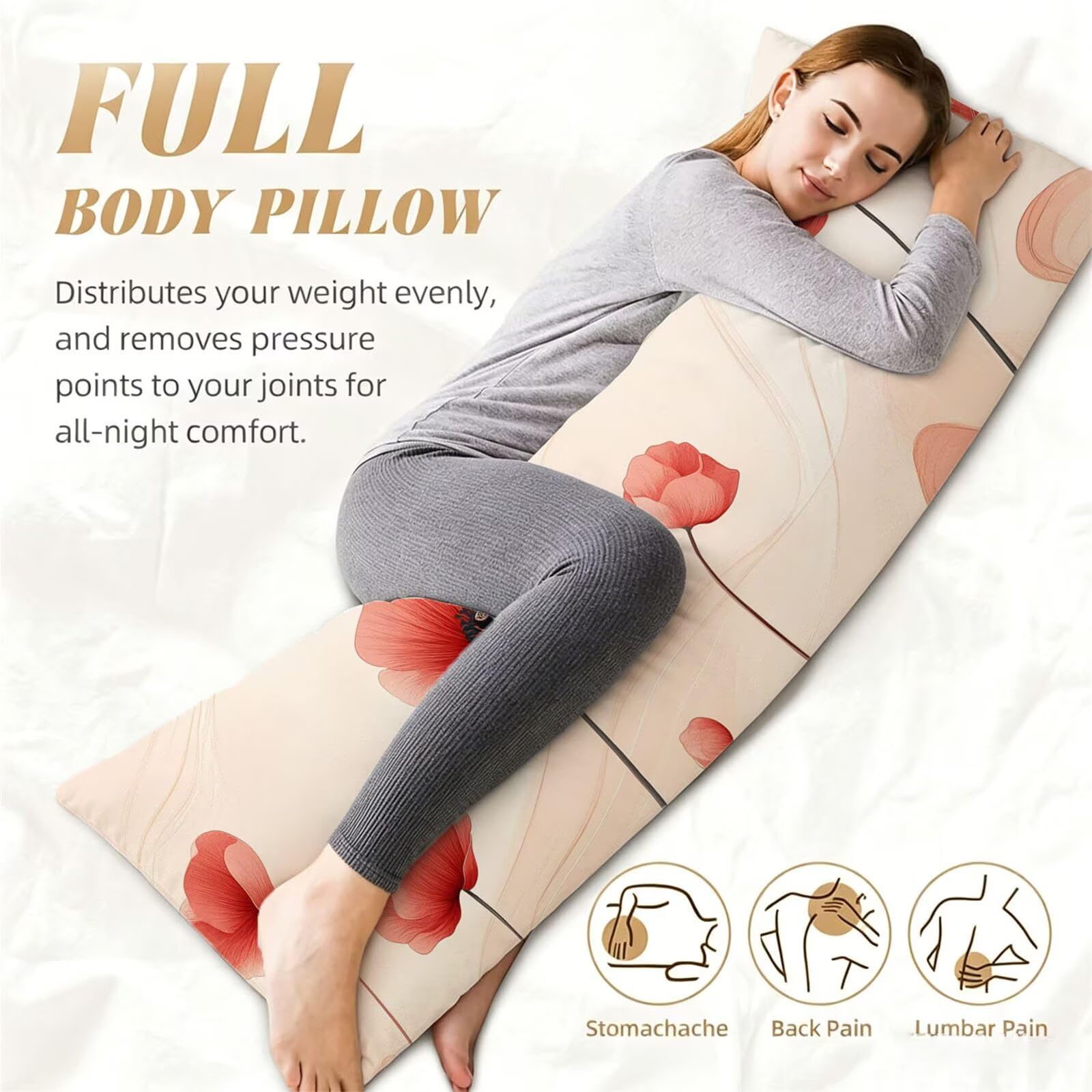 Funda de Almohada 60 x 180 cm Flor Protector Almohada 180 cm con Cremallera Invisible, Lino Durable y Transpirable Pillow Case Largas Rojo Impresión a Doble Cara para Cama, Sofá y Dormitorio dg-126