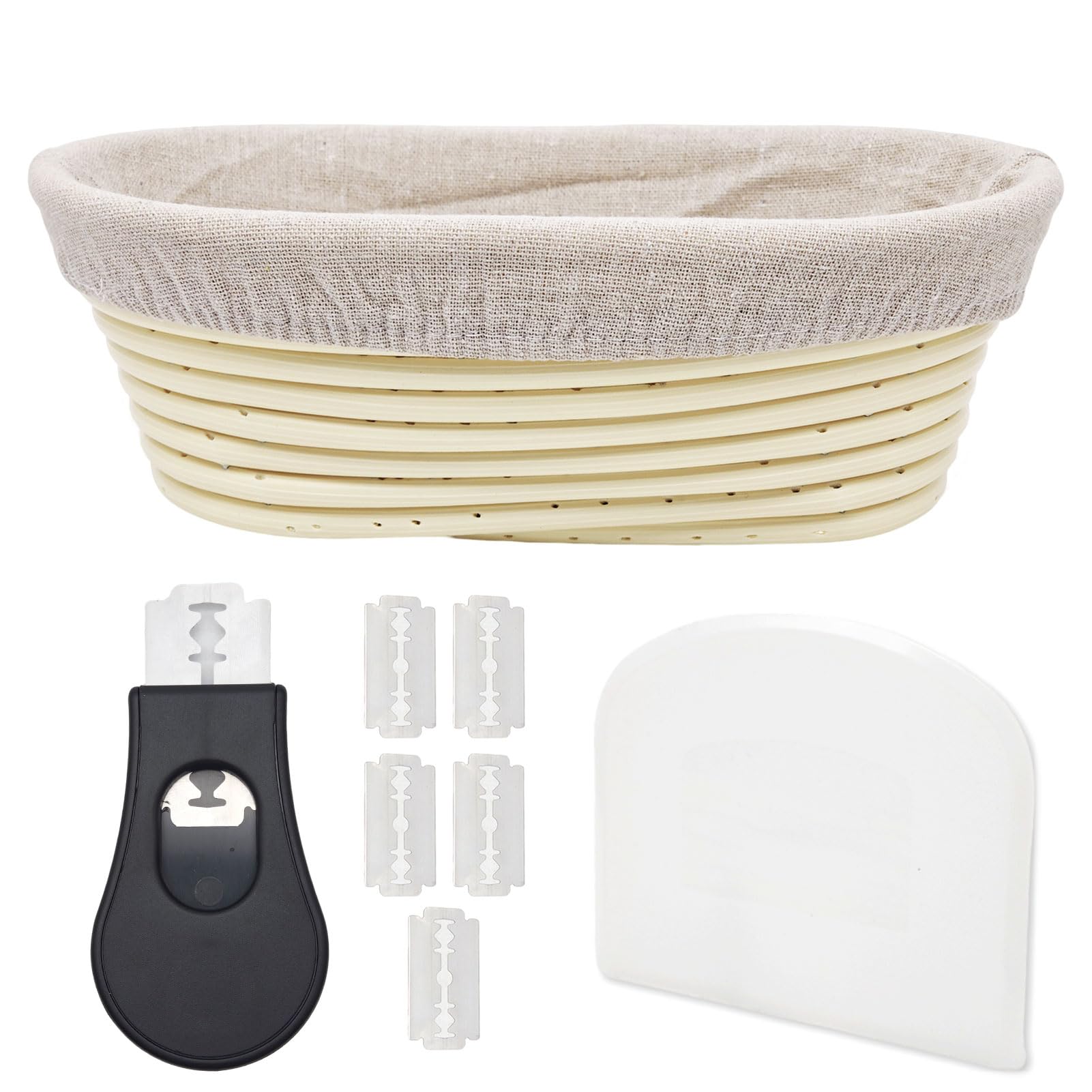 Cestino Lievitazione Pane Ovale 25cm con Taglierino per Pane,Tela di Lino,Cesto Lievitazione per Impasto,Pizza,Banneton Ovale per Panettieri Artigianali e Professionisti
