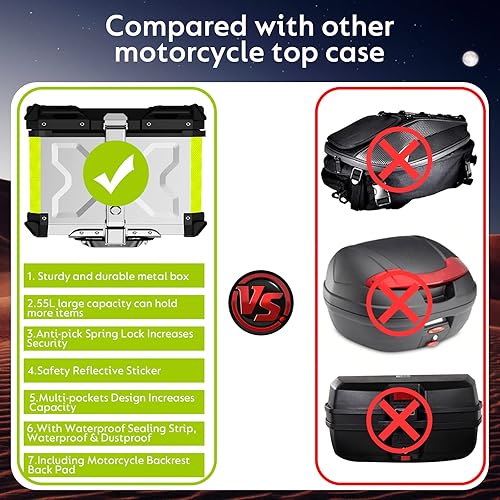 Miniatura 8 de Maleta superior de motocicleta de 55 L, resistente Caja universal de aluminio para cola de motocicleta, almacenamiento de viaje con placa base de