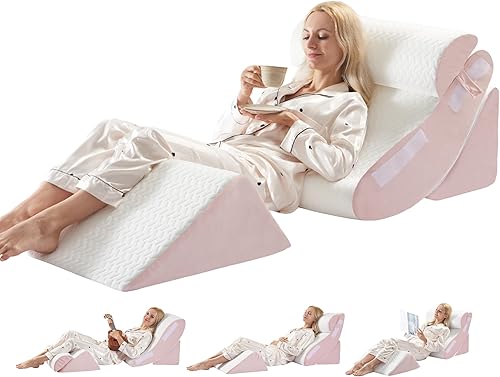 Sistema de almohada geriátrica de cuña de 4 piezas, cuñas de cama para ancianos para sentarse o dormir, posicionador corporal poscirugía con base