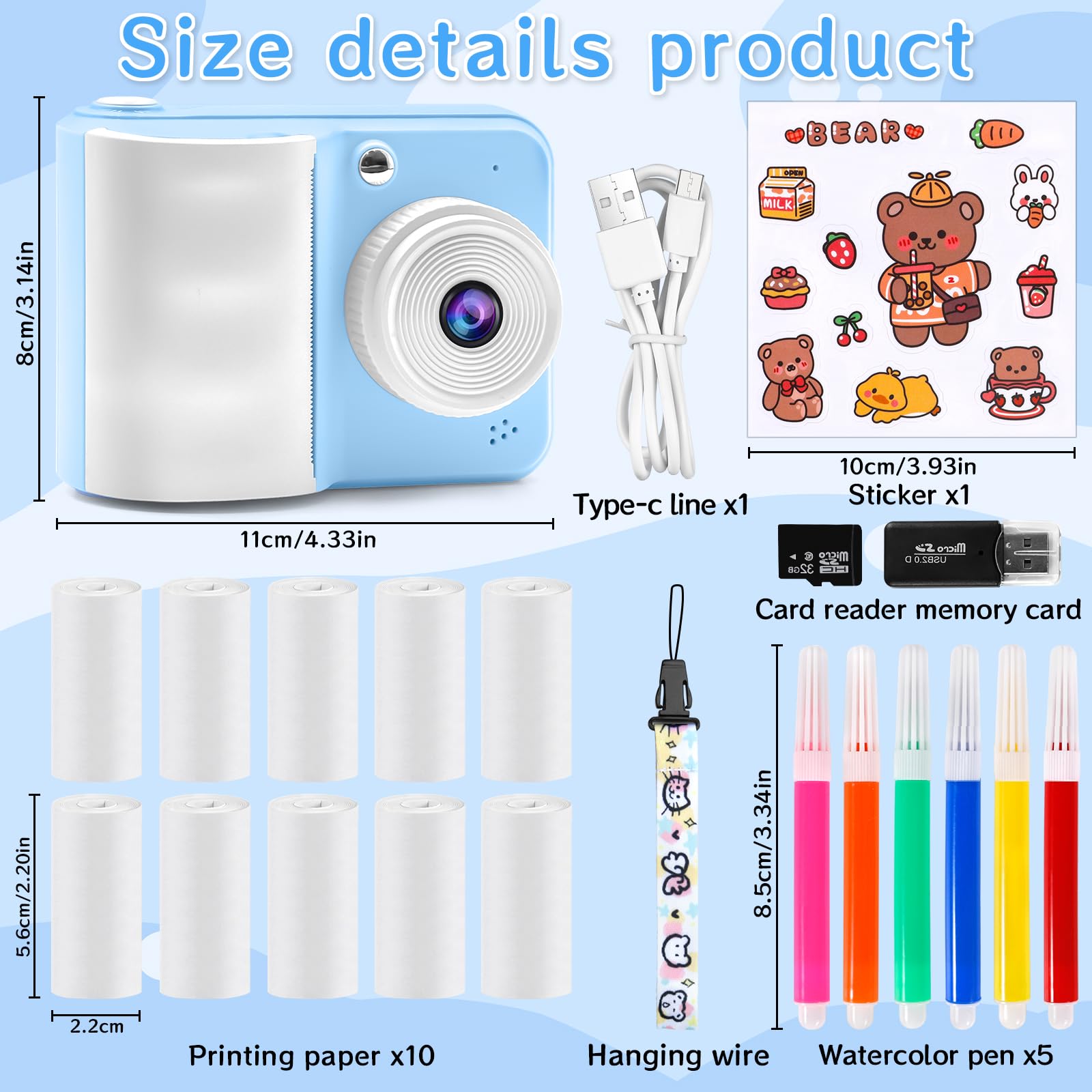 Appareil Photo Numérique Instantané, avec Papier d'impression & Carte TF 32G, Caméra Vidéo avec Stylos Colorés pour Le Bricolage, Chapeaux Costume Accessoire Déguisement