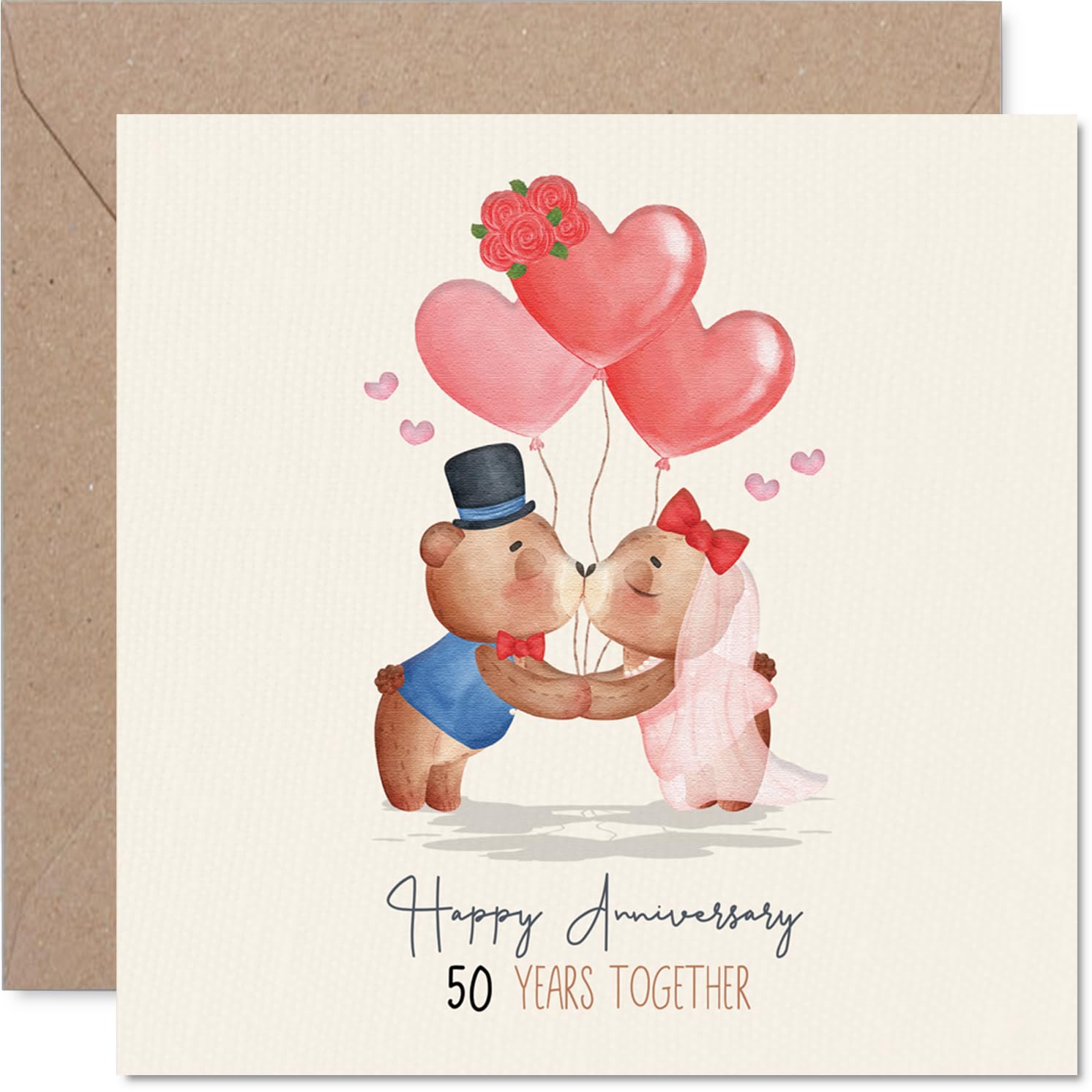 Sentimental 50th Anniversary Card - Fifty Years of Kisses - Adorable Bears with Heart Balloons in Soft Pastel Hues - 145mm Square, Envelope Included