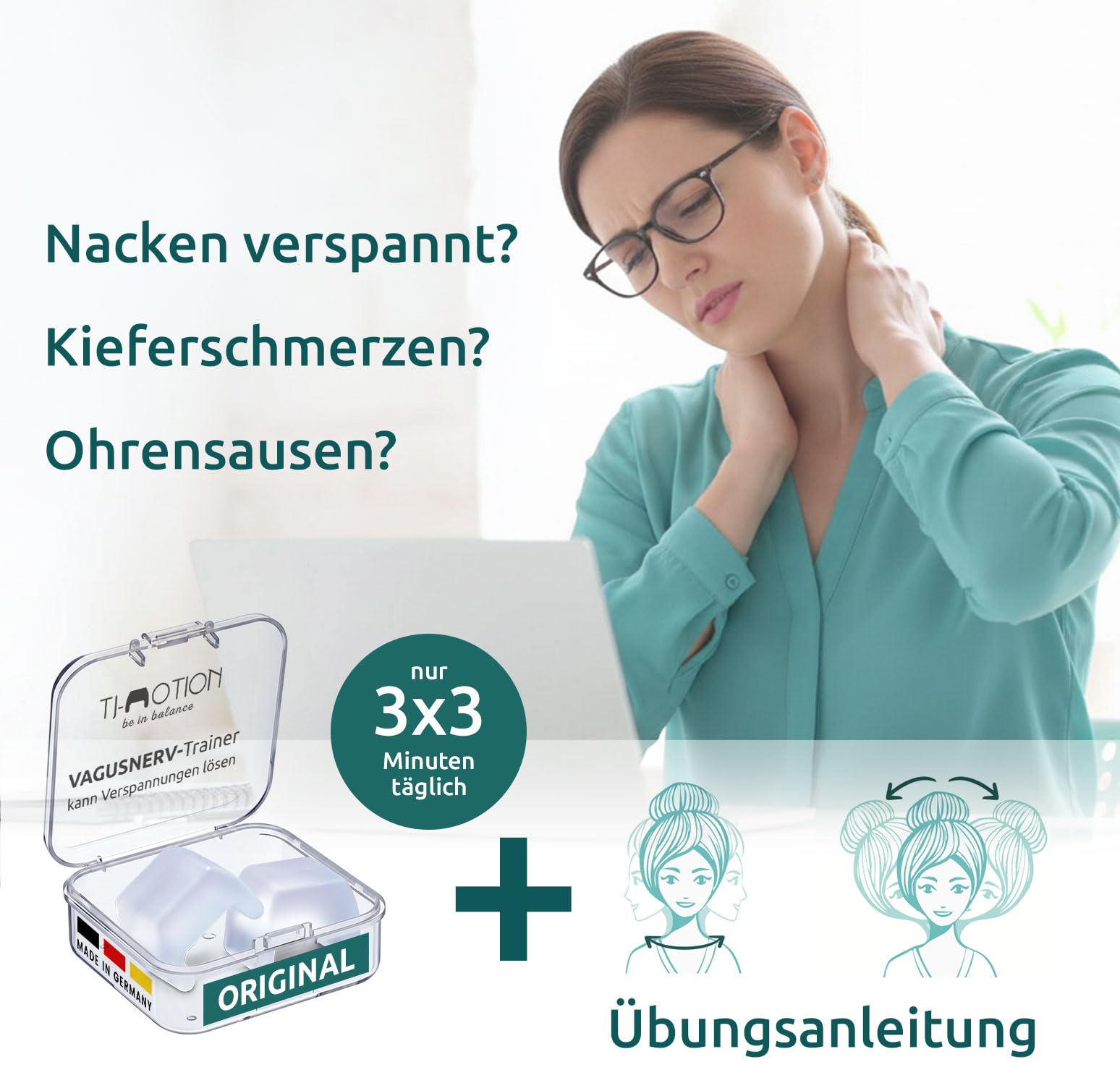 TJ-Motion Original - Kieferentspannung & VAGUS-Nerv-Training - die optimale Unterstützung bei Beschwerden im Kiefer-, Schulter-, Nacken-, Rückenbereich, 2 Stück & Transport-Box