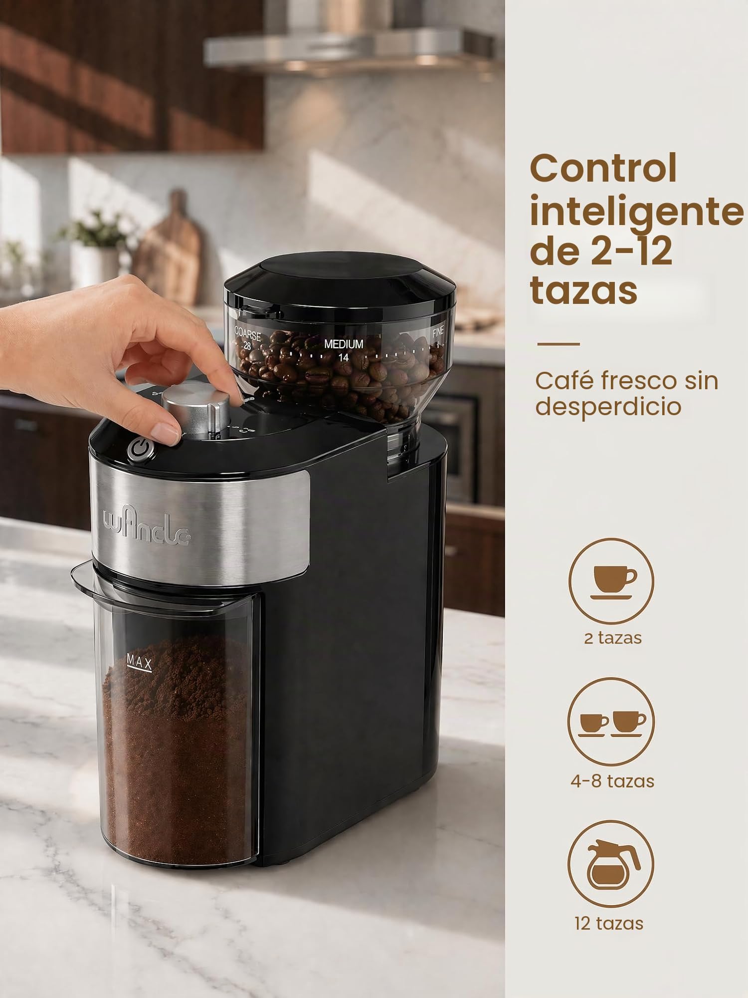 Wancle Macinacaffè – Macinacaffè elettrico regolabile con 28 livelli di macinatura - macinatura precisa per 2-12 tazze - Per Espresso, caffè filtro e French Press, 220V