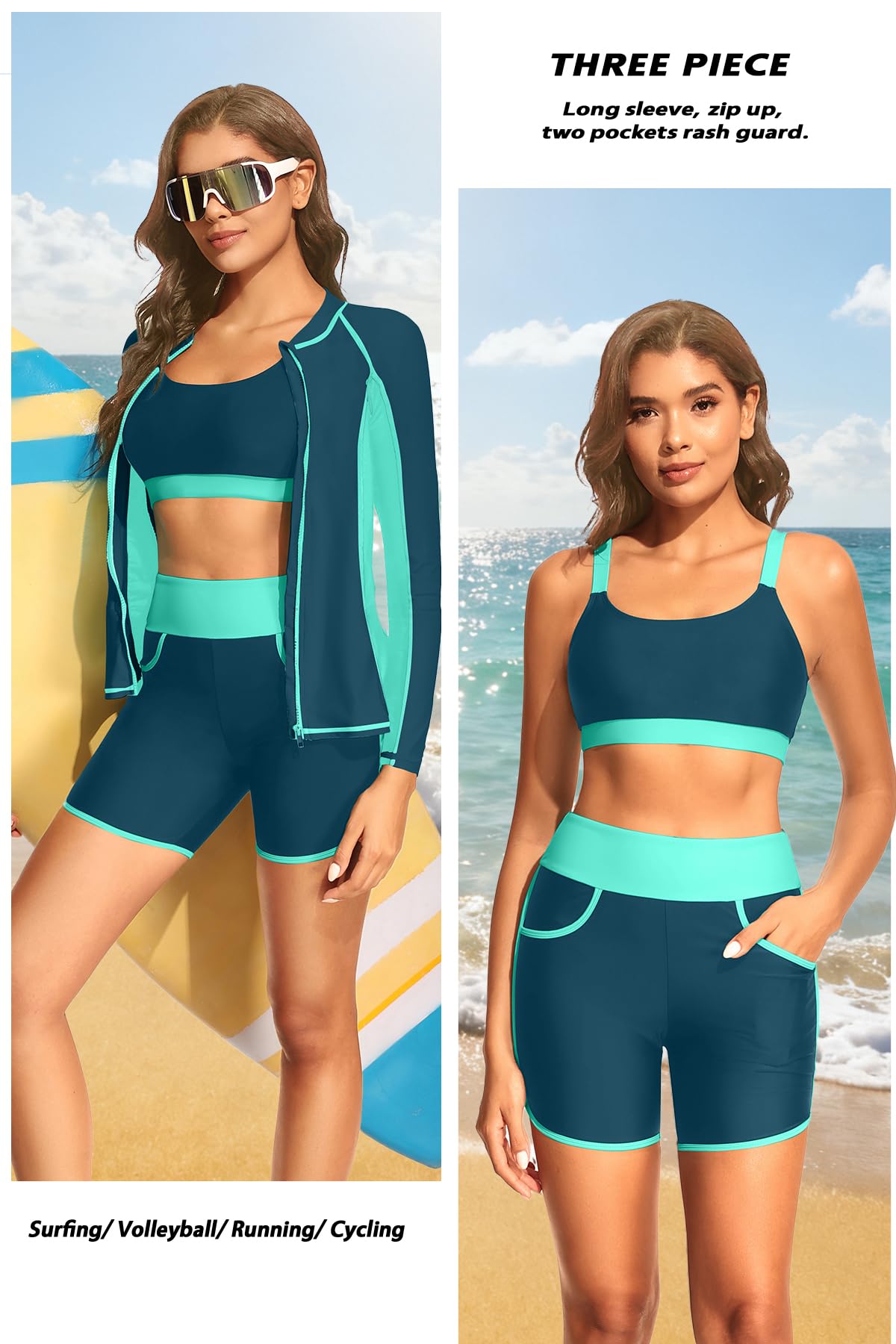 Damen 3-teiliger Rashguard – langärmeliger Badeanzug mit integriertem BH, Schwimmshirt, Reißverschluss, Badeanzug mit Tasche