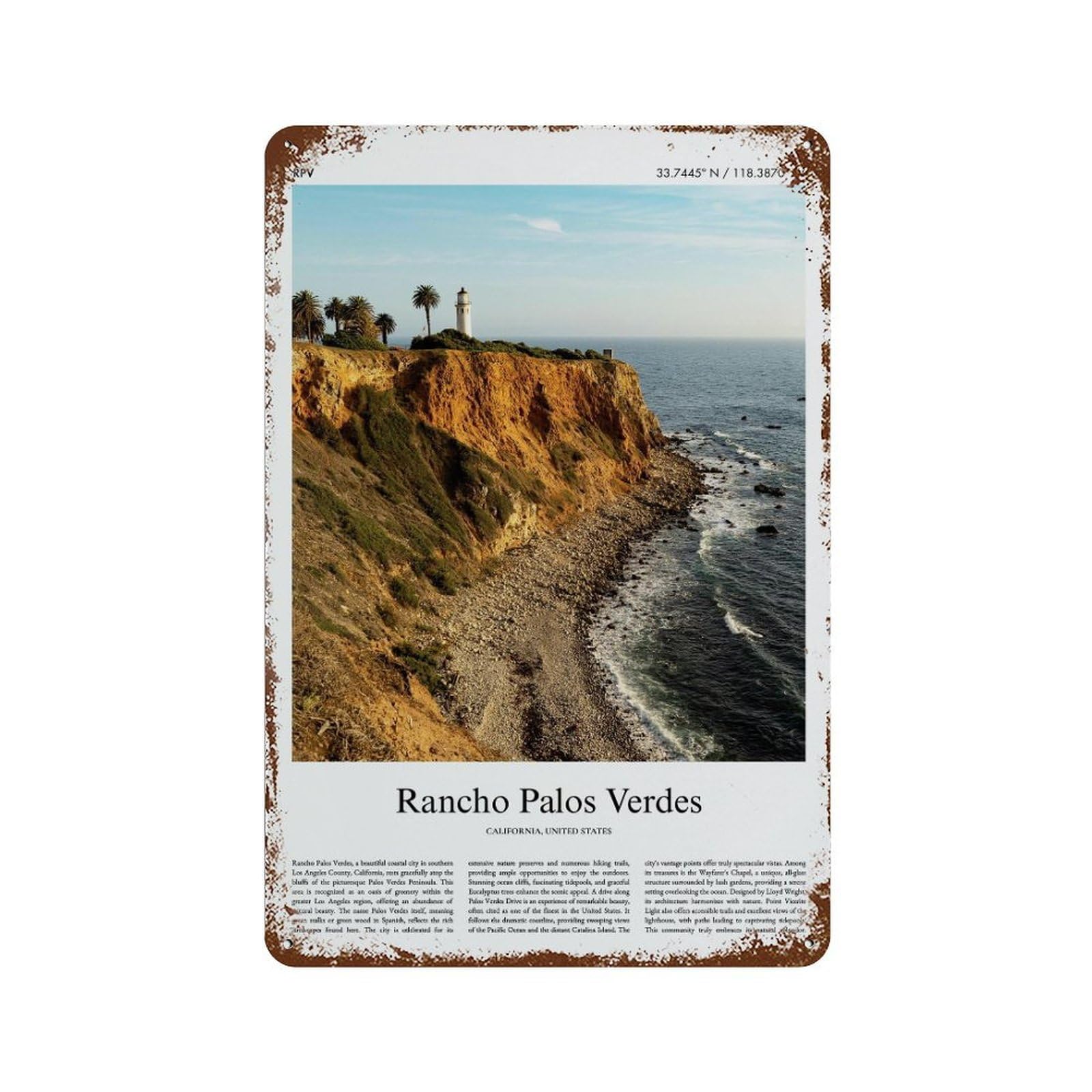 xiaoxiaoshen Rancho Palos Verdes California, United States, USA City Scenery Wall Decor Art Metal Tin Poster Modern Home Decor Art Home Bar Shop Decorations Vintage Sign 30x20cm