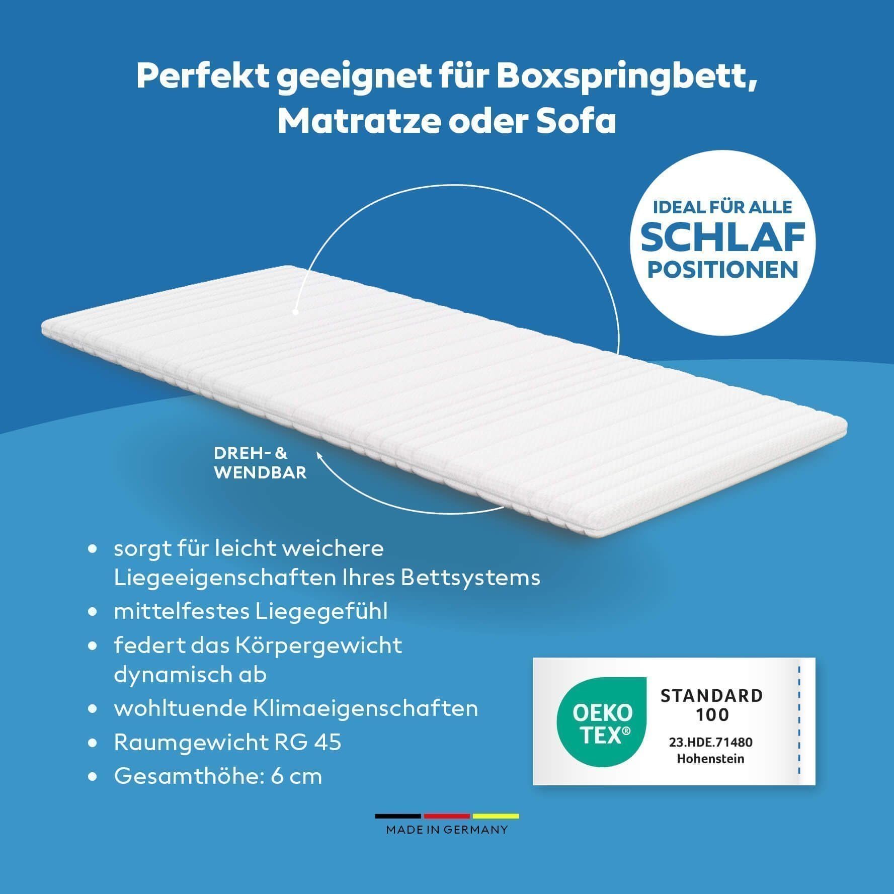 Kaltschaum Topper 180x200 cm – mittelfest & atmungsaktiv – RG 45 – Oeko-TEX® Standard 100 – waschbarer Jersey-Bezug – für Boxspringbett, Matratze & Schlafsofa - Made in Germany