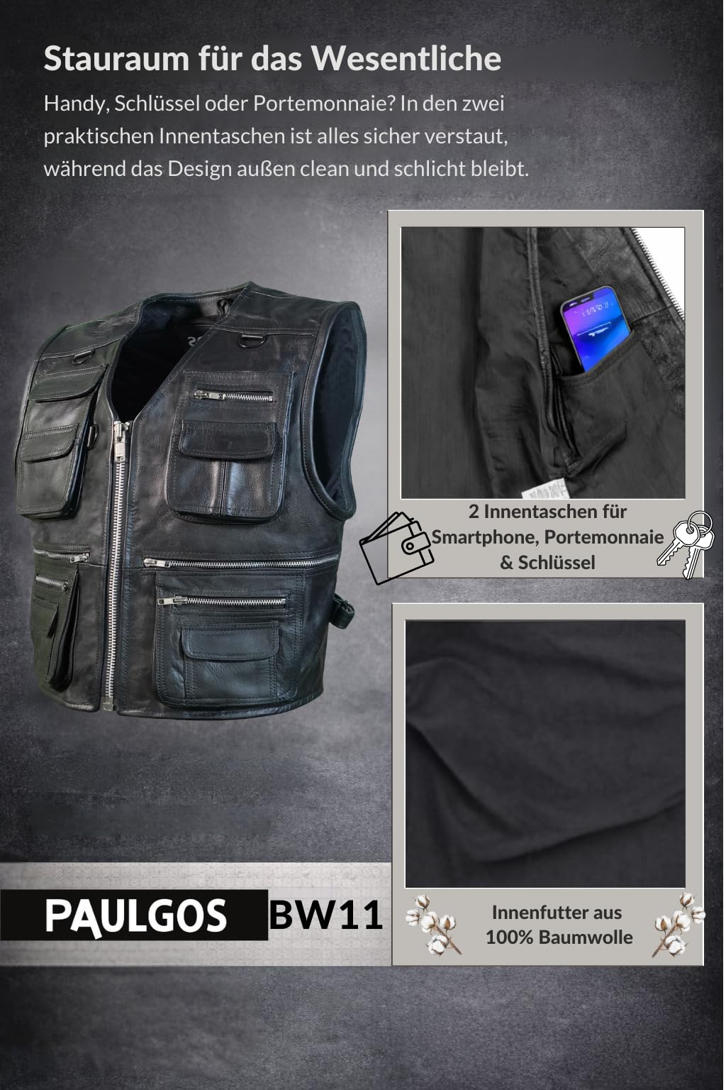 PAULGOS Lederweste Weste Kutte Leder Biker Rocker Motorrad Clubweste Bikerweste Motorradweste Schwarz BW11