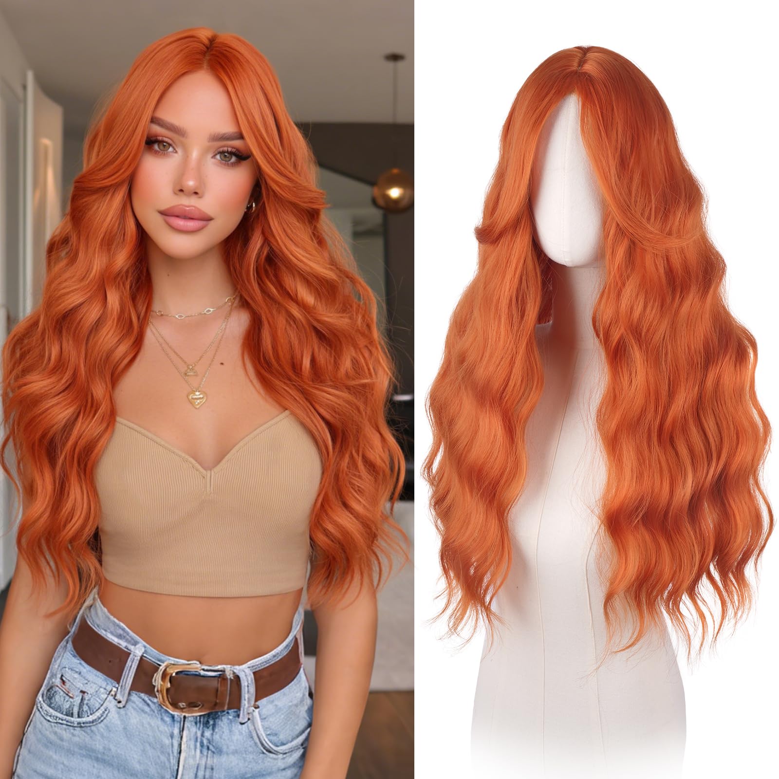 Photo 1 of Haloo Long Wavy Red Auburn Synthetic Wig with Bangs