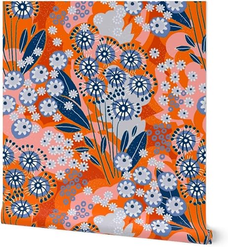 Papel tapiz extraíble de 9 x 2 pies, color azul prado, naranja, flores brillantes, flores abstractas, papel tapiz prepegado personalizado por