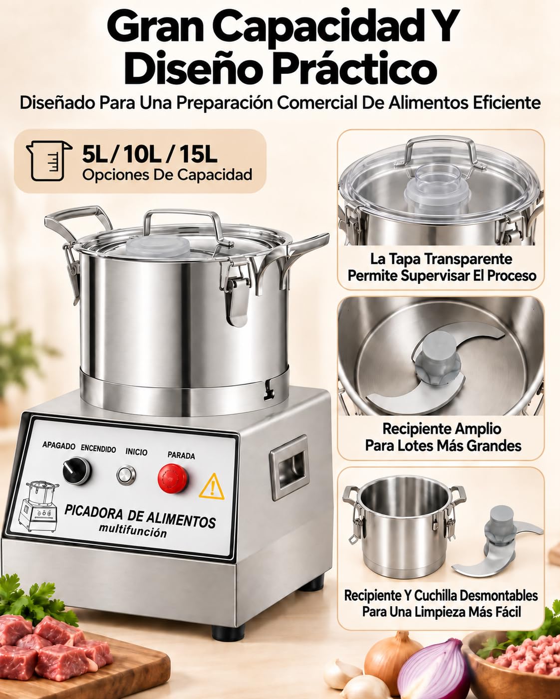 Picadora Eléctrica De Carne Y Verduras, Procesador Comercial 5L 7L