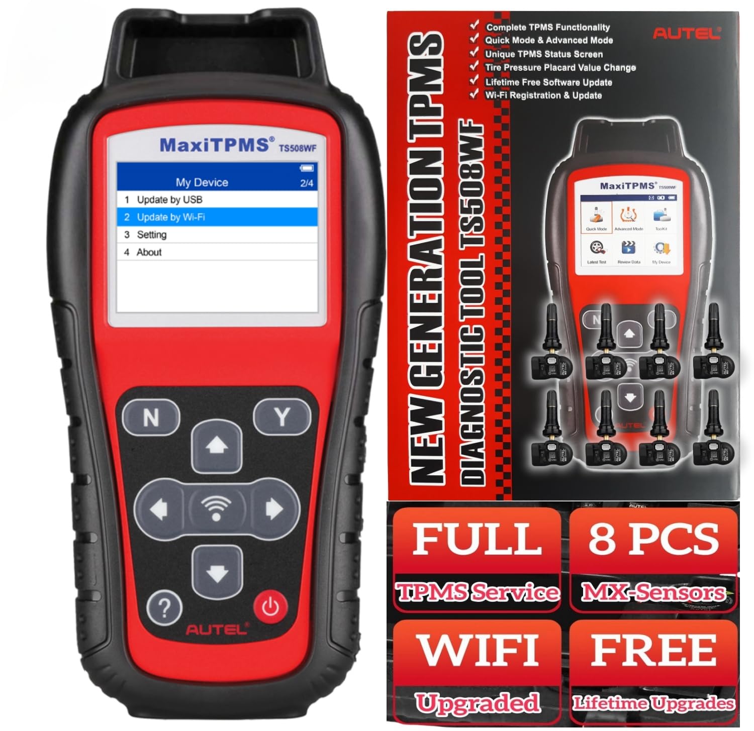 AutelMaxiTPMS TS508WF KIT Sensor Programming TPMS Programming Tool = TS508WF + 8PCS Rubber Valves MX-Sensor, TPMS Relearn/Program/Activate Scan Tool, Upgrade of TS508 TS501 Pro