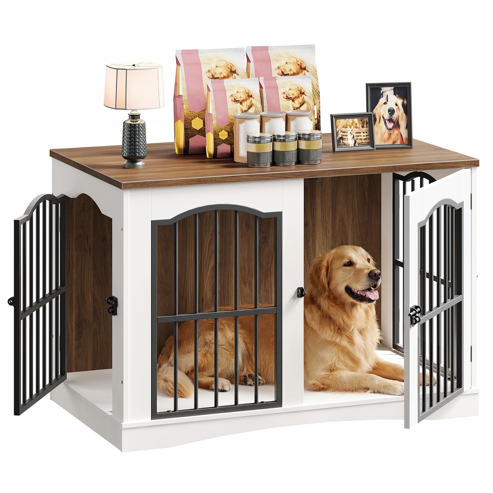 HOOBRO Hundekäfig Möbel, 100cm Hundebox für Zuhause, Moderne Hundebox Indoor mt 3 Türen für mittelgroße Hunde, für Wohnzimmer, Schlafzimmer, Treppenhaus, 100 x 60 x 67,5 cm, Weiß und Walnuss EWH66GW03