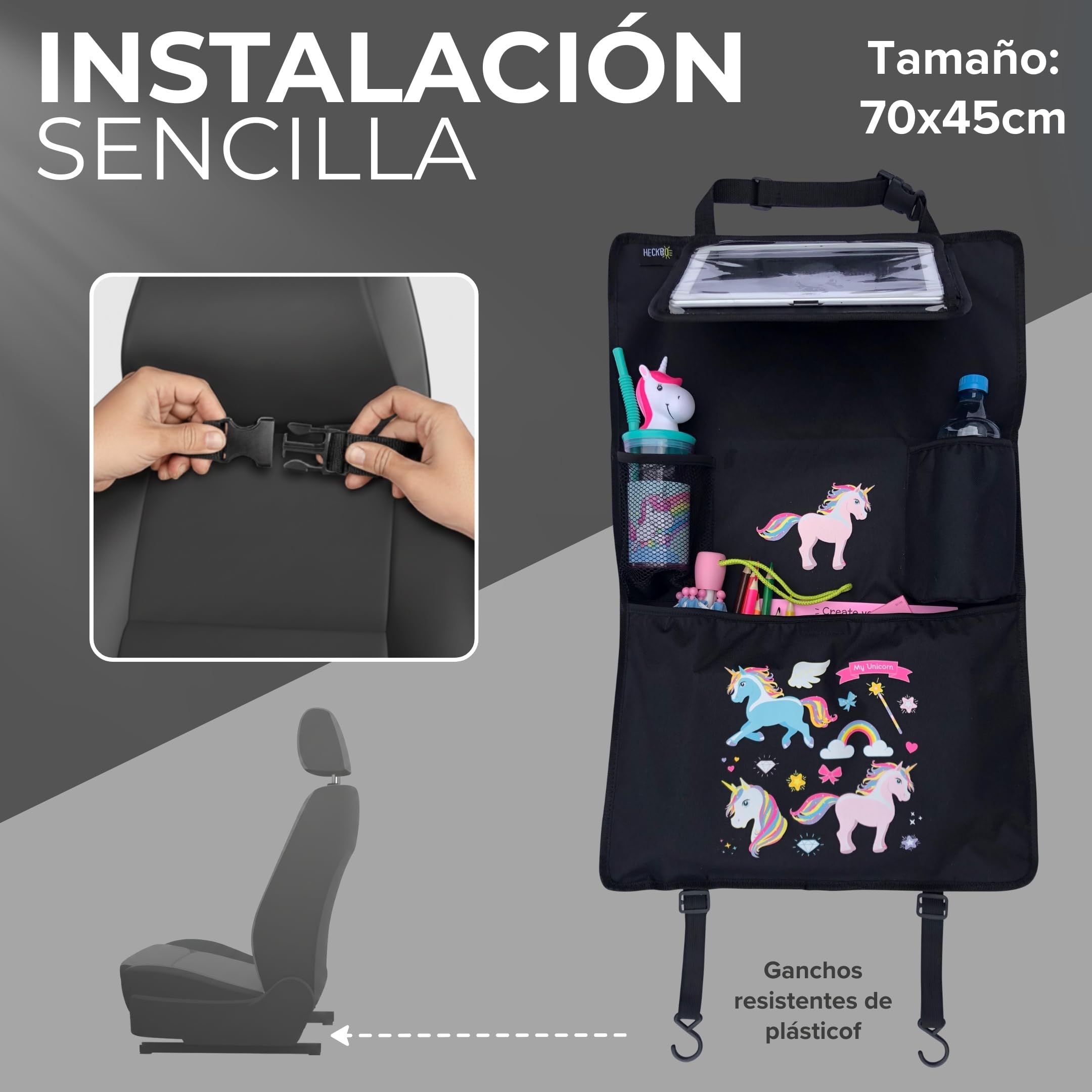 HECKBO 1x Organizador infantil para asiento de coche con bolsillo ajustable para tablet, almacenamiento para accesorios – Unicornio – 70x45 cm – incluye portabebidas