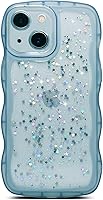 Vista 91 de Qokey para iPhone 14 Plus Funda de 6.7" con diseño de borde ondulado rizado, transparente, con purpurina, brillo, estrellas, brillante, lindo