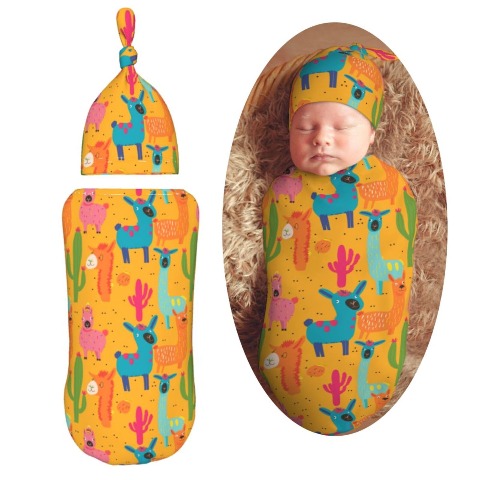 Animals Colorful Llama Cactus Newborn Swaddle Blankets Hat Sets Soft Baby Receiving Blanket Swaddle Sack for Baby Shower Infant Boy Girl Gift