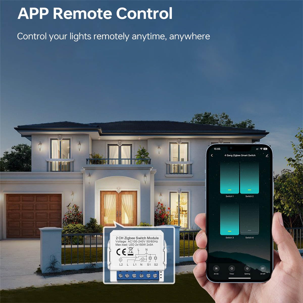 Commutateur intelligent Zigbee Commutateur ZigBee Mini commutateurs intelligents pour éclairage 2 voies 2x5A Neutre requis, pour la domotique, Compatible avec Alexa/Google Home Assistant,