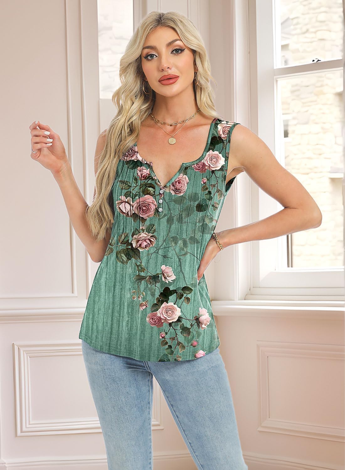 Womens Summer Tank Tops V Neck Sleeveless Buttons Pleated Casual Shirts Dressy Loose Fit Tshirts Blouses - Image 2