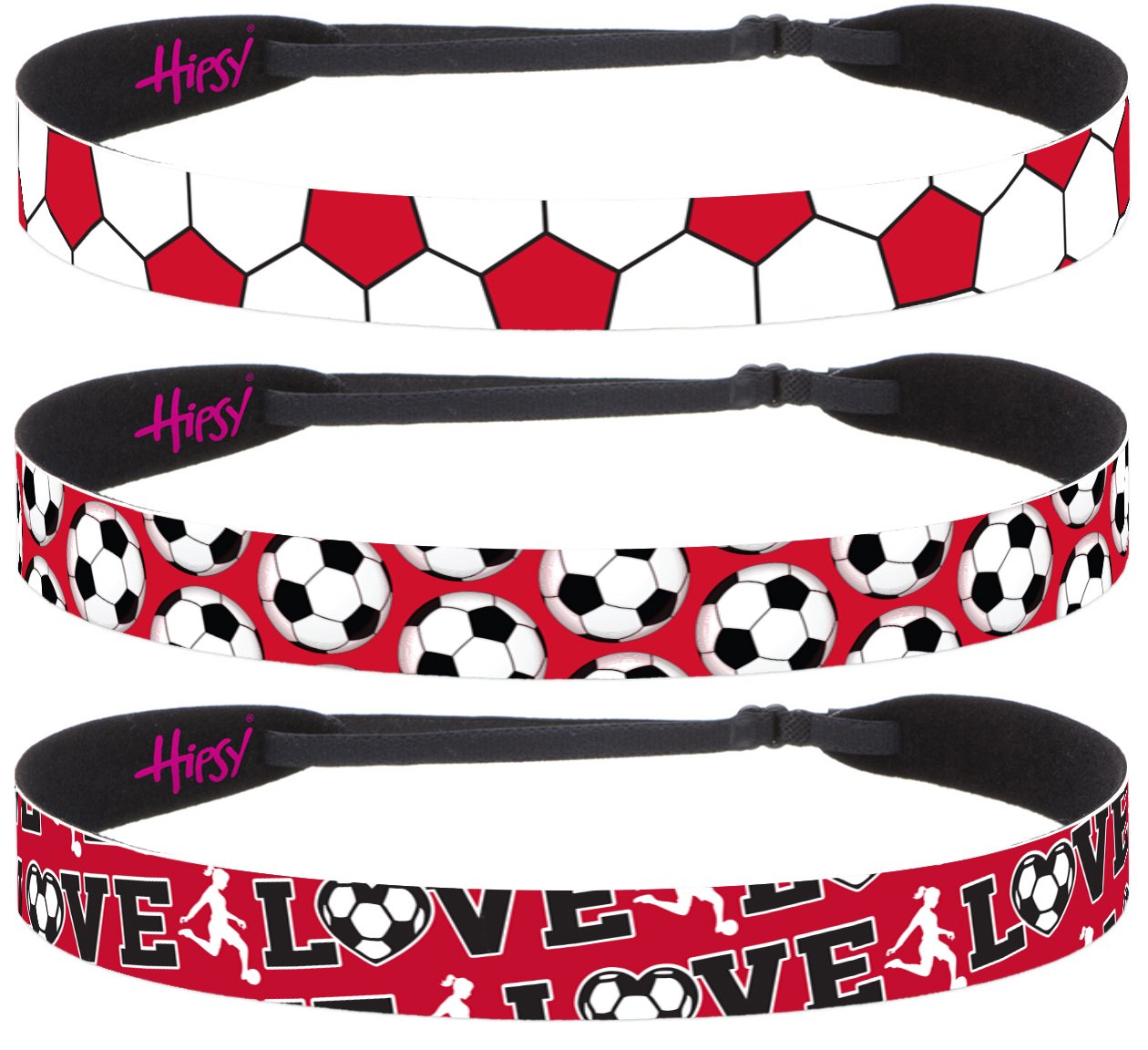 Hipsy Women's Adjustable NO SLIP Red Soccer Headbands (Multi Soccer Red 3pk)
