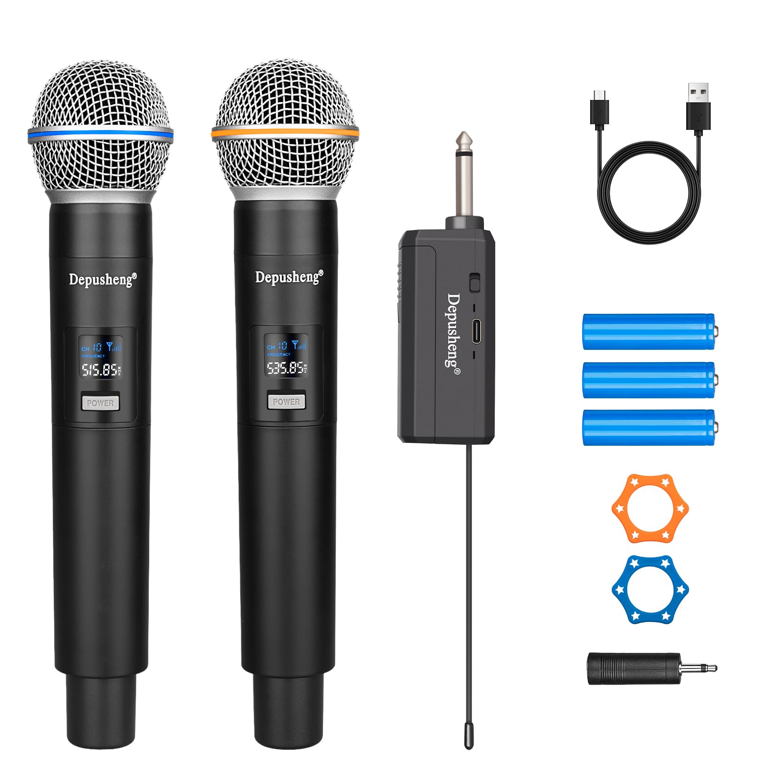 Depusheng Sistema di microfono karaoke wireless duale, set di microfono dinamico con ricevitore ricaricabile per canto, festa, DJ, matrimonio
