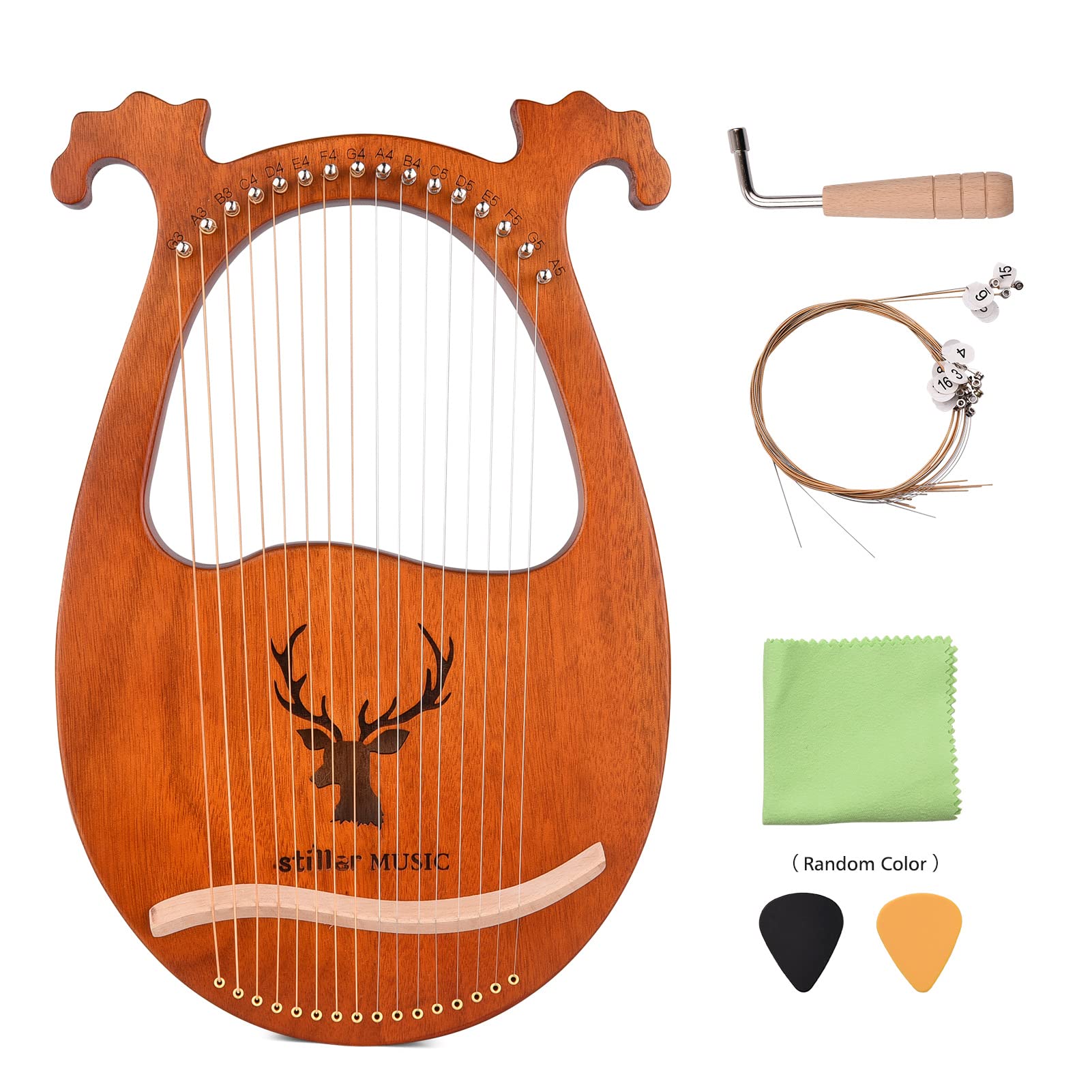 Jeffergarden Arpa de Lira de 16 Cuerdas, Instrumento Musical de Madera Maciza con Patrón de Alce, Símbolos Fonéticos Tallados, Martillo de Afinación y Juego de Repuesto de Cuerdas, para