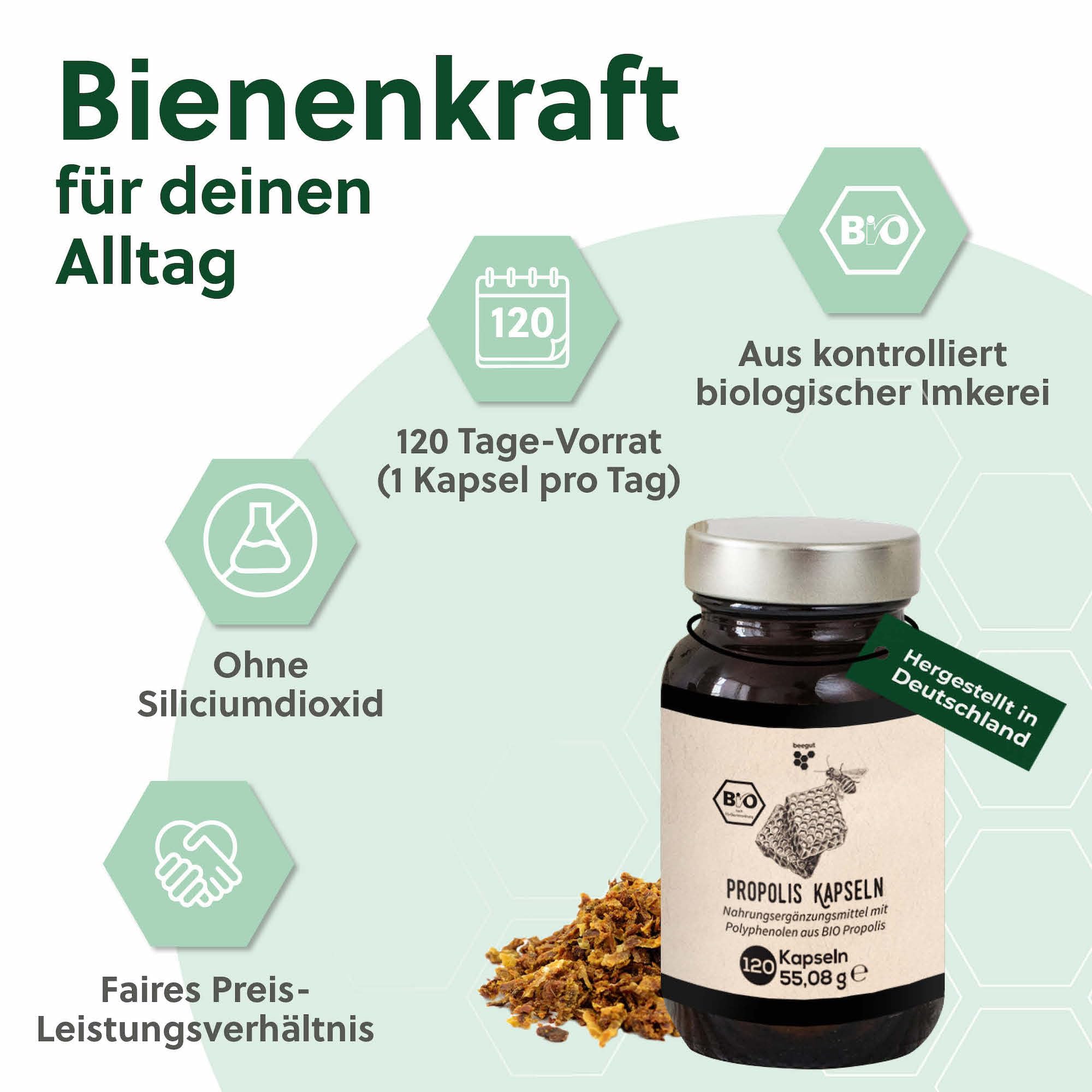beegut BIO Propolis Kapseln, 120 Kapseln in pflanzlicher Kapselhülle mit BIO Propolis Extrakt, nachhaltige Verpackung