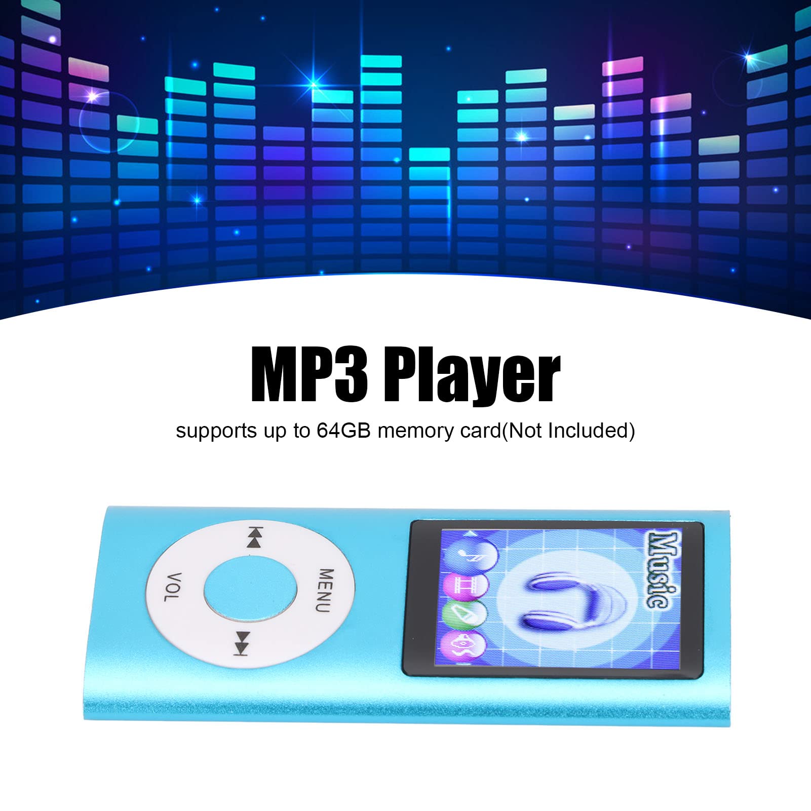 Heayzoki Mp3 Player, 1.8 Inch Music Player Color Display Screen Portable Multifunctional Mp3 Media Player 30 Hours Play, Support Voice Recorder/Book Reader/Photo/Video, 64Gb Tf, Kids Gift(Blue)