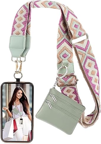 Clip and Go Strap for Phone with Wallet Crossbody, Phone Strap with Zippered Wallet, Adjustable Anti Theft Cellphone Lanyard for Women, Cellphone Chain Accessories Green