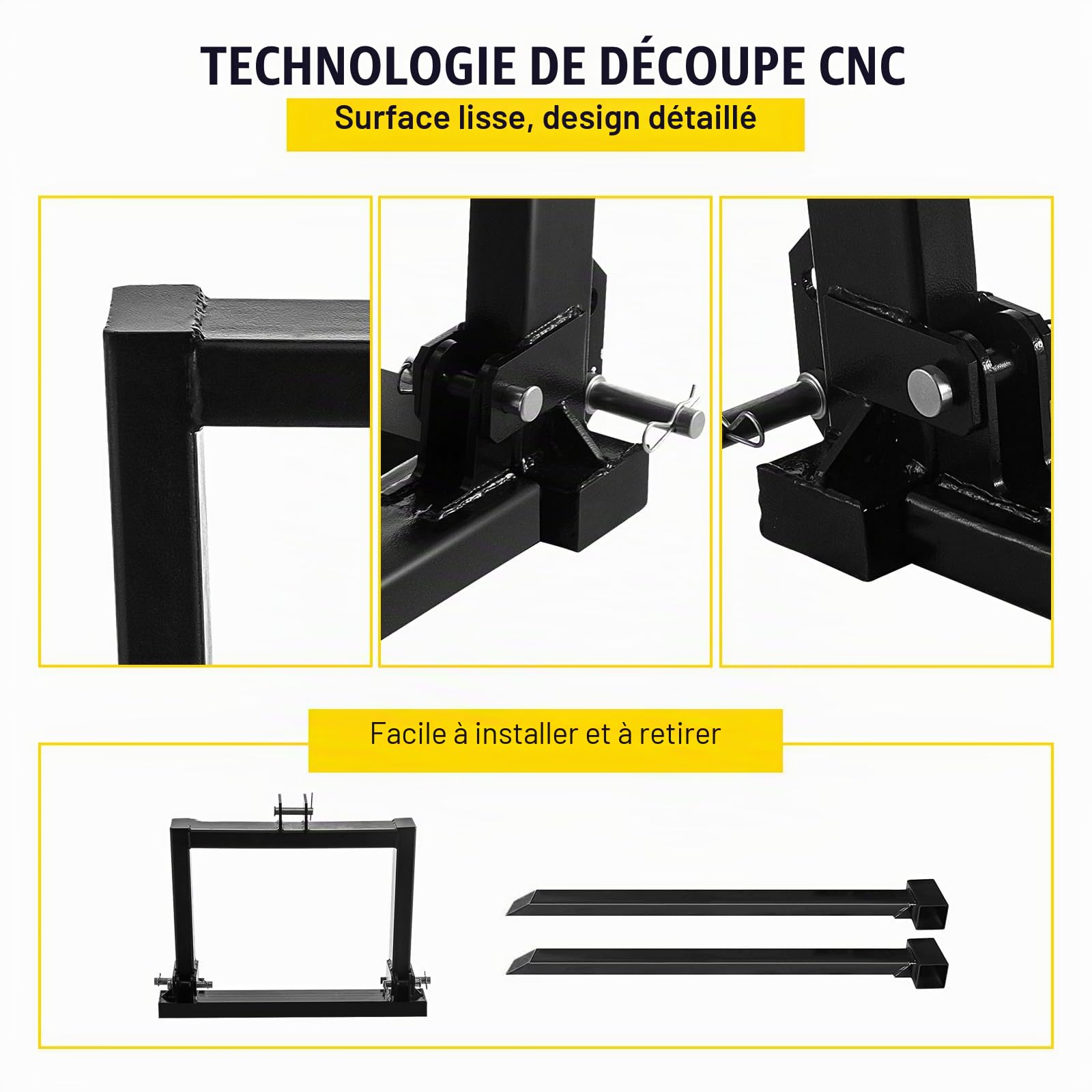 VEVOR Élévateur de palettes 1T pour chariot élévateur de 1000 kg Fourches à palettes de charge pour l'élévation de transpalettes Fourches élévatrices à palettes Tout acier Attache à 3 points 2200L
