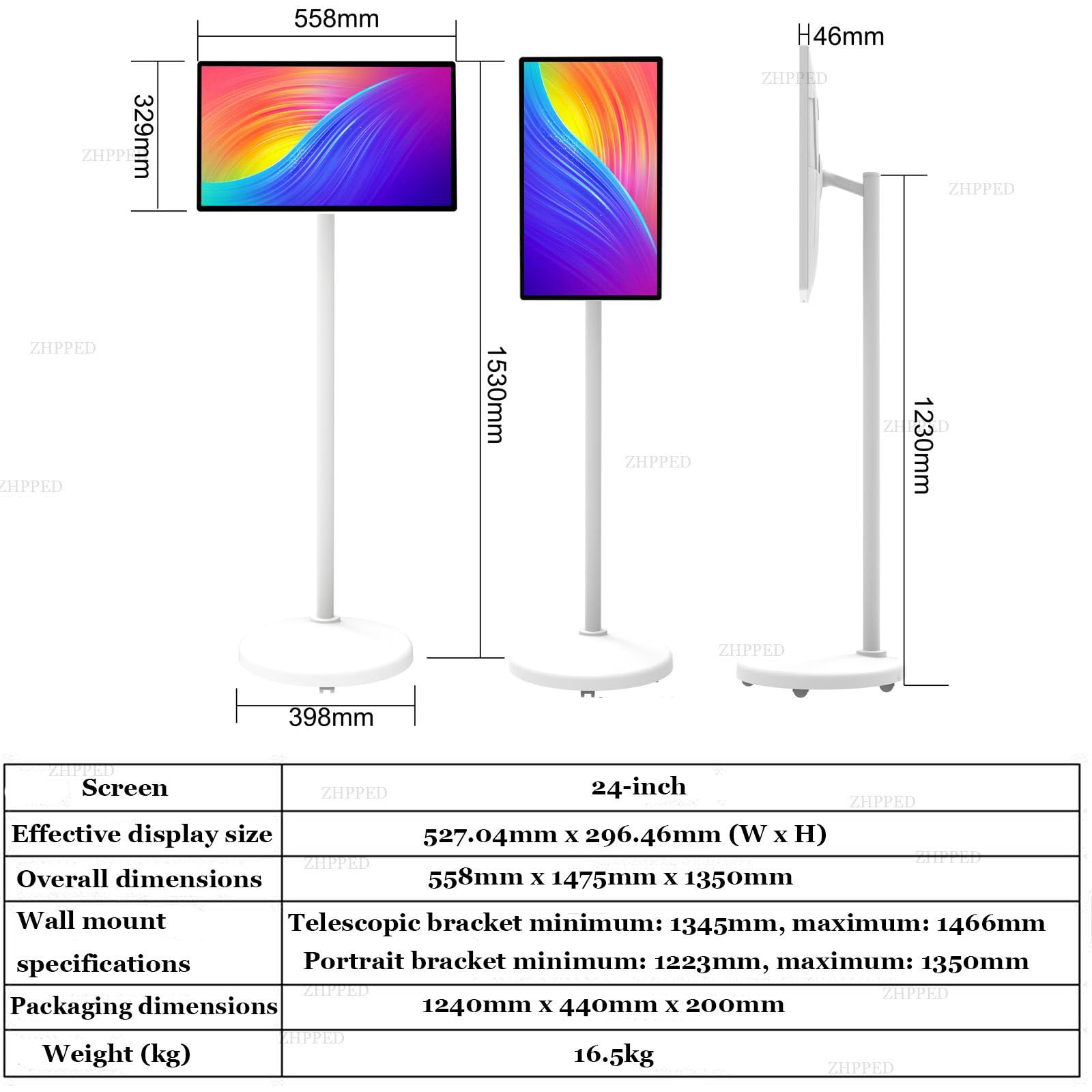 Smart screen TV portatile con telecomando, monitor wireless su ruote, touch screen con batteria integrata e rotazione completa, 24 pollici