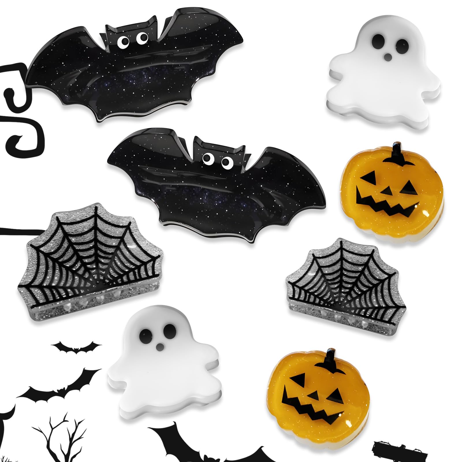 Halloween Claw Clip, Mini Claw Clips Accessories Gifts for Kids, Spooky Head Ornaments Supplies Cute Holiday Theme Design Pumpkin Ghost Spider Web Style