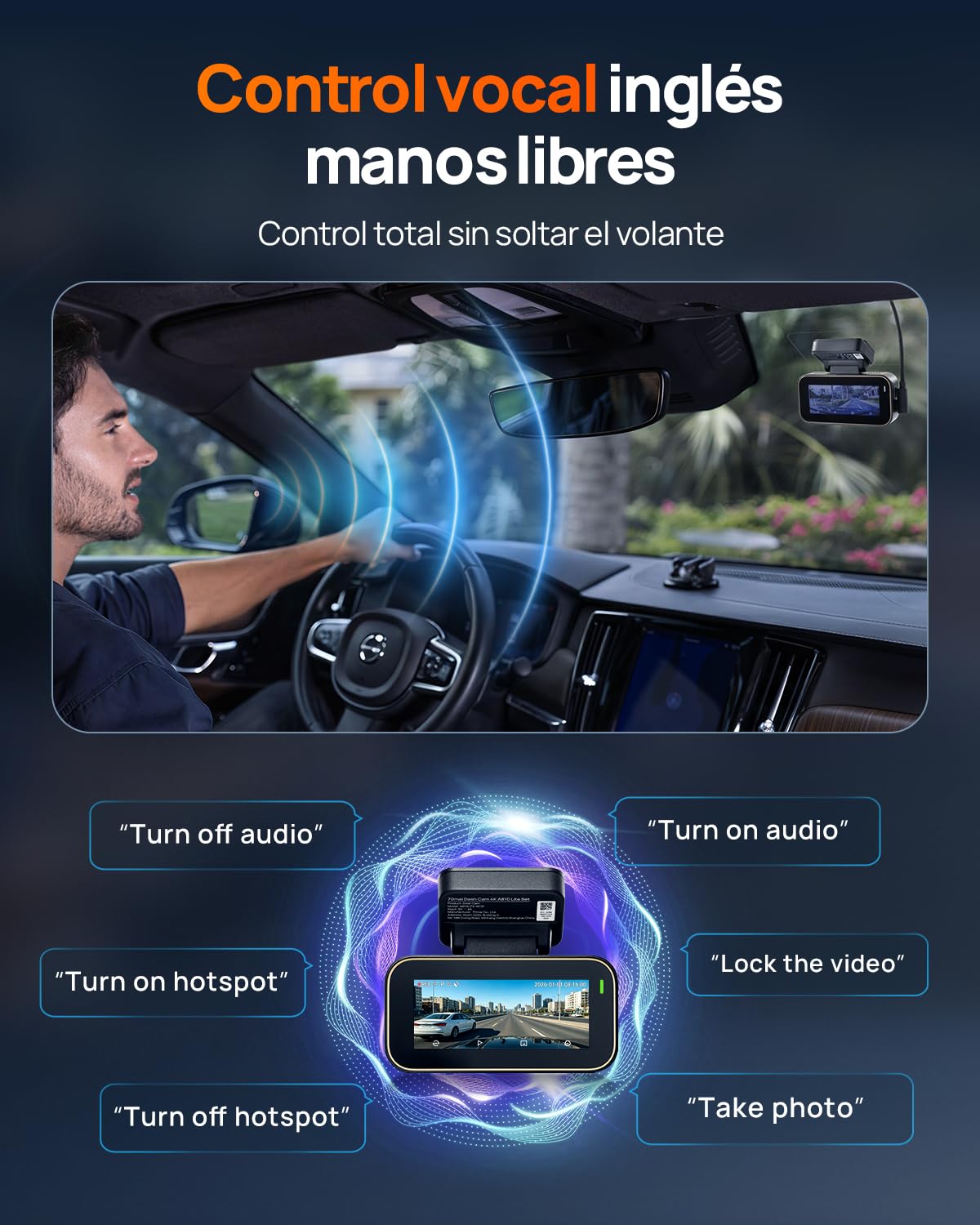 70mai A810 Lite Cámara de Salpicadero 4K Doble, WiFi 6 5GHz, 4G LTE Remoto, GPS, Visión Nocturna HDR, Vigilancia 24h Estacionamiento, Control por Voz, Bloqueo de Emergencia y Grabación Continua