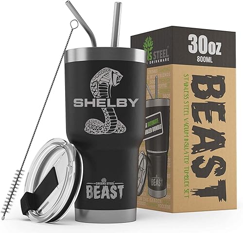 Maddmax Car Art Shelby Cobra Snake Logo BEAST - Vaso aislado de acero inoxidable de 30 onzas con tapa, 2 popotes, cepillo y caja de regalo, color disponible en Yaxa Colombia