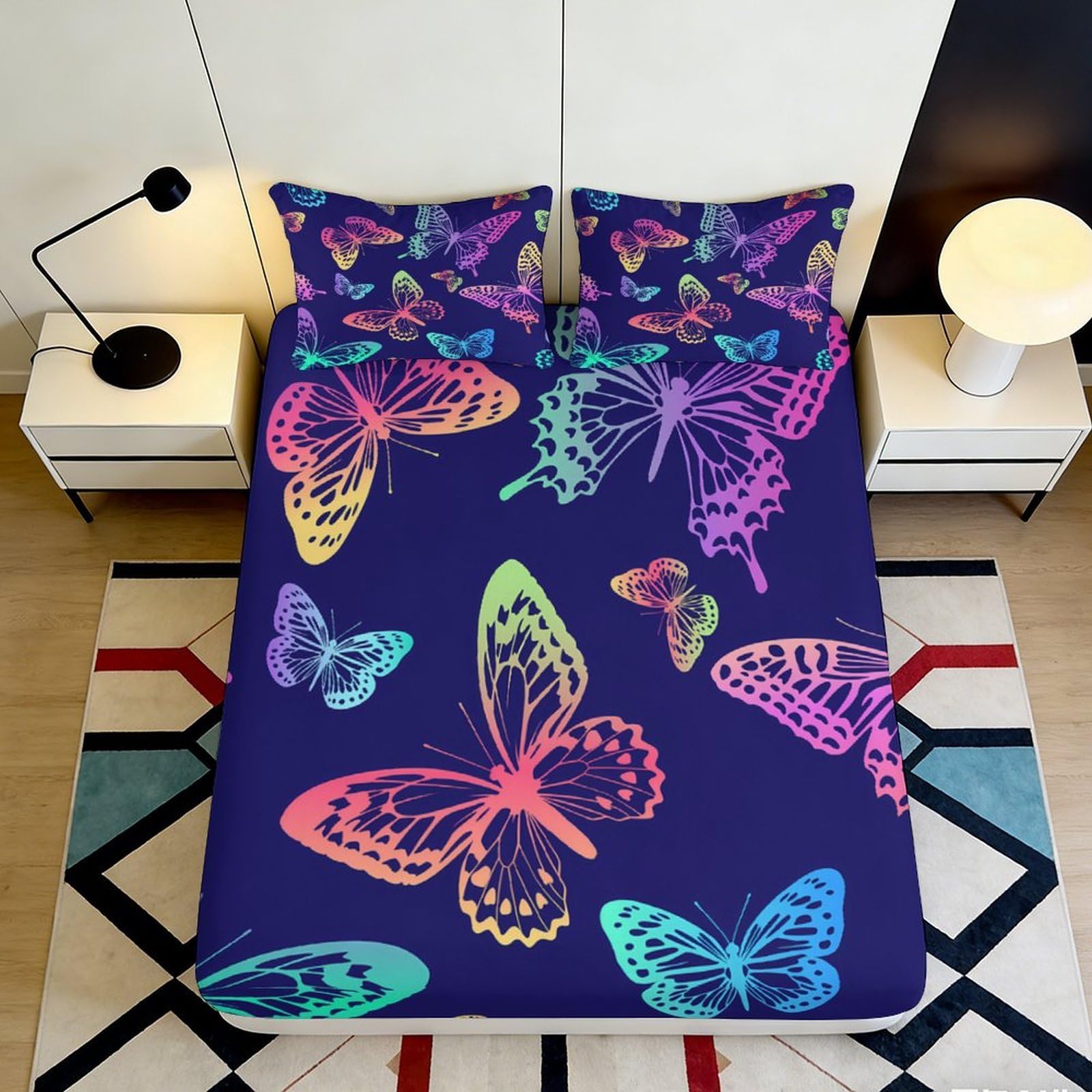 3D Printed Colorful Butterfly Fitted Sheet Microfiber Soft Breathable Vibrant Butterfly Mattress Cover for Bedroom Dormitory Guest Room Mattress Protection 120x200x25cm