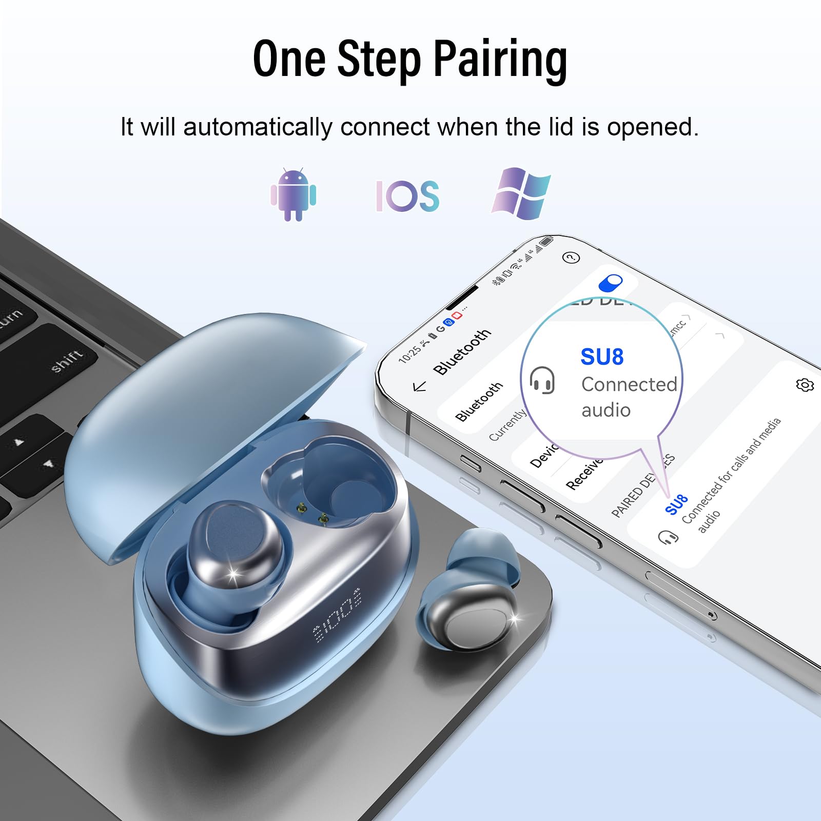 Auriculares para dormir Bluetooth de 5.4 pulgadas, ligeros, diseño pequeño para dormir de lado, tiempo de reproducción de 47 horas con funda de carga, auriculares de llamadas claras, azul