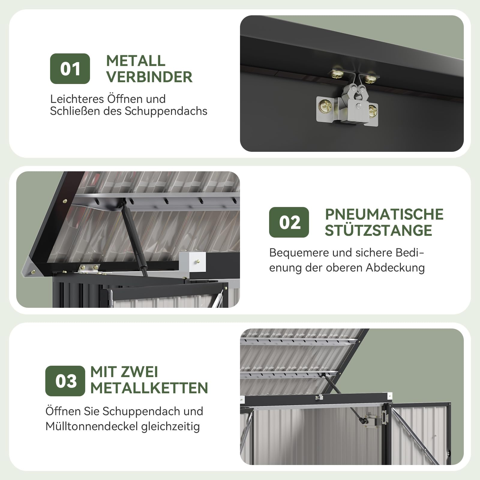 Aoxun 150x117x80 Metall Gerätehaus, Mülltonnenbox für 2 Tonnen, Wetterfester Gartenschrank mit Kettenzug-Deckel & Gasdruckfeder, zu öffnende Front- & Top-Türen, Schwarz