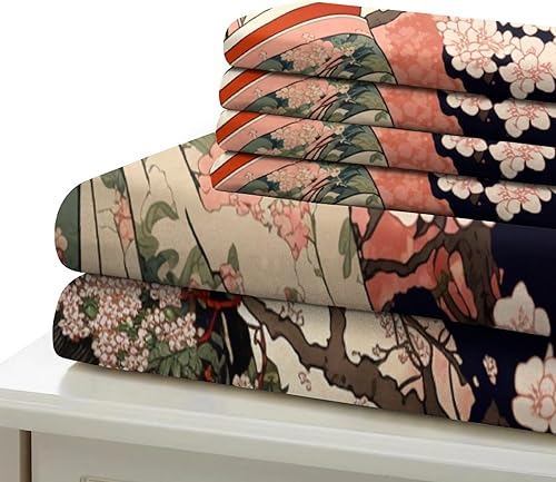 Miniatura 6 de Juego de edredón japonés, estilo retro, hermosa flor japonesa, geisha japonesa, juego de ropa de cama de 3 piezas, ropa de cama suave para todas las