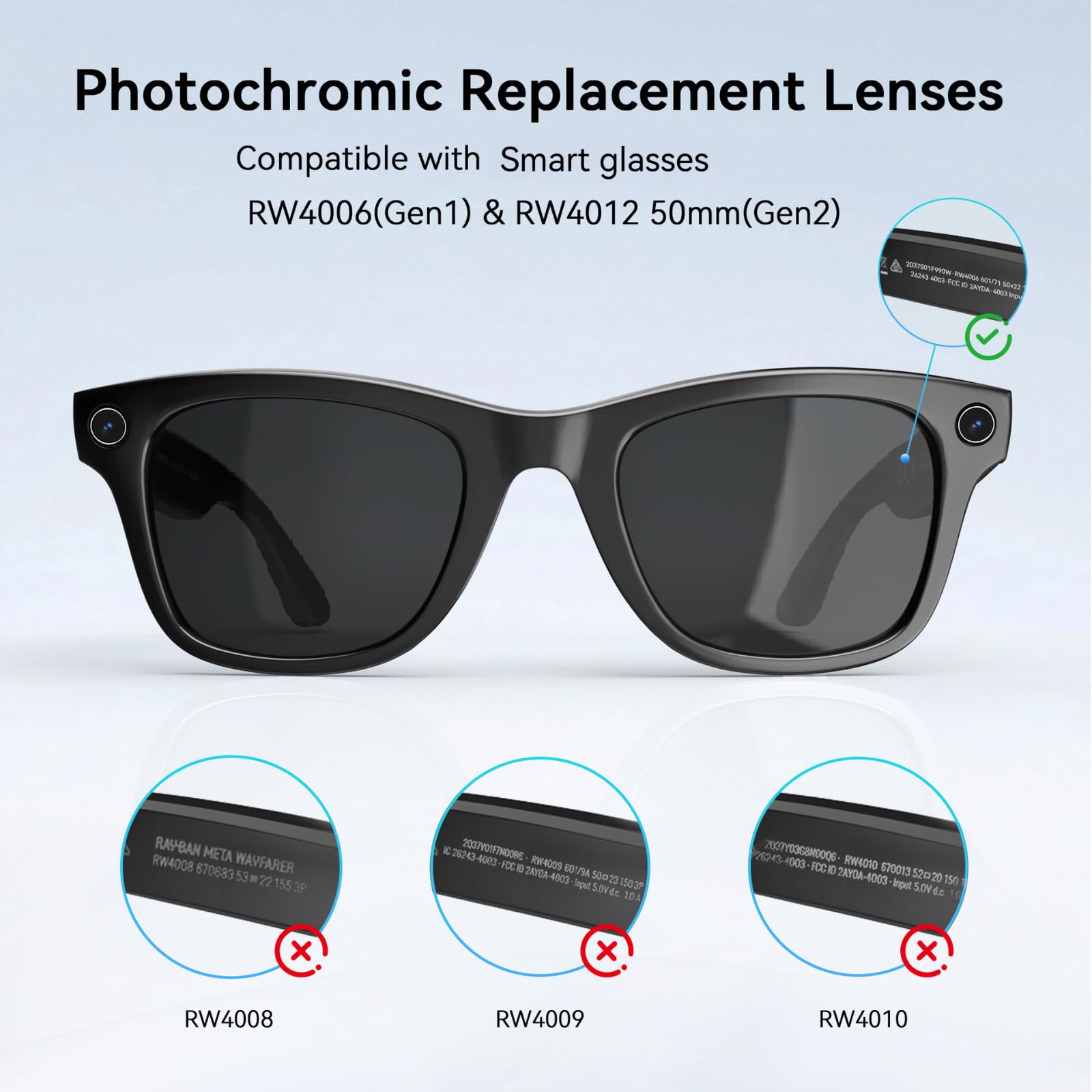 Lentes de repuesto compatibles con Ray-ban Wayfarer Meta RW4006 (Gen1) y RW4012 50 mm (Gen2), protección UV400, transición interior y exterior (lentes que cambian de color)
