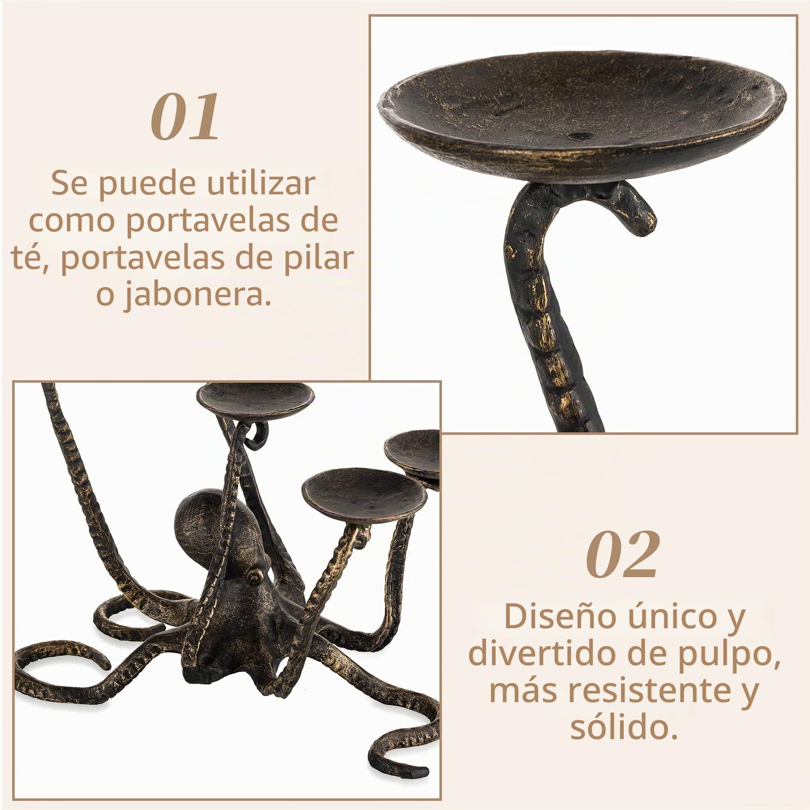 Sziqiqi Candelabro Portavelas Pulpo para 5 Velas Pilares, Portavelas de Columna Velas Pequeñas de Hierro Figurita Candelabros Gótica Decorativa para Halloween Chimenea Baño Decoración