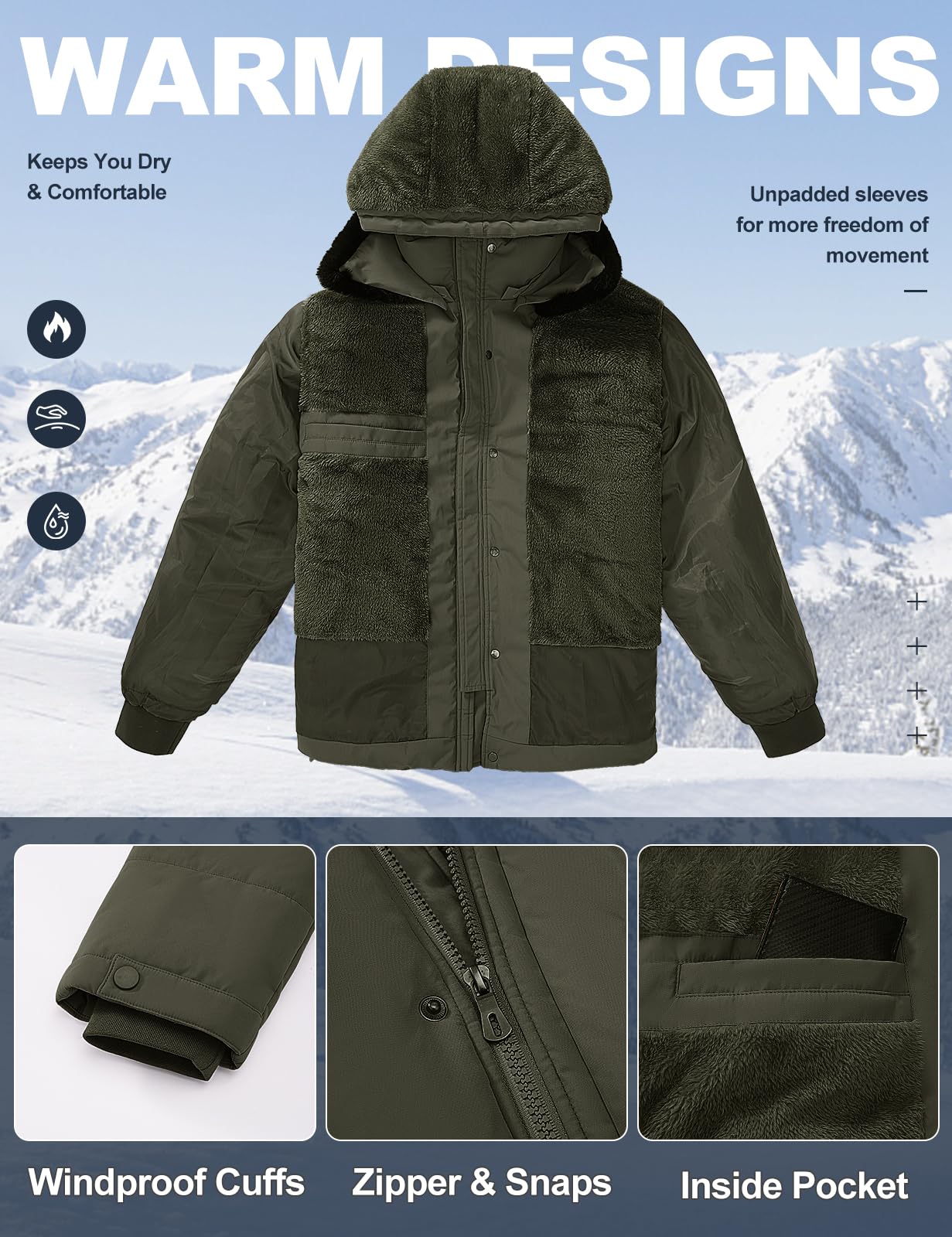 Tuopuda Męska parka zimowa kurtka polarowa z zamkiem błyskawicznym wiatrówka termiczna parka płaszcz ciepły płaszcz outdoorowy ze zdejmowanym kapturem