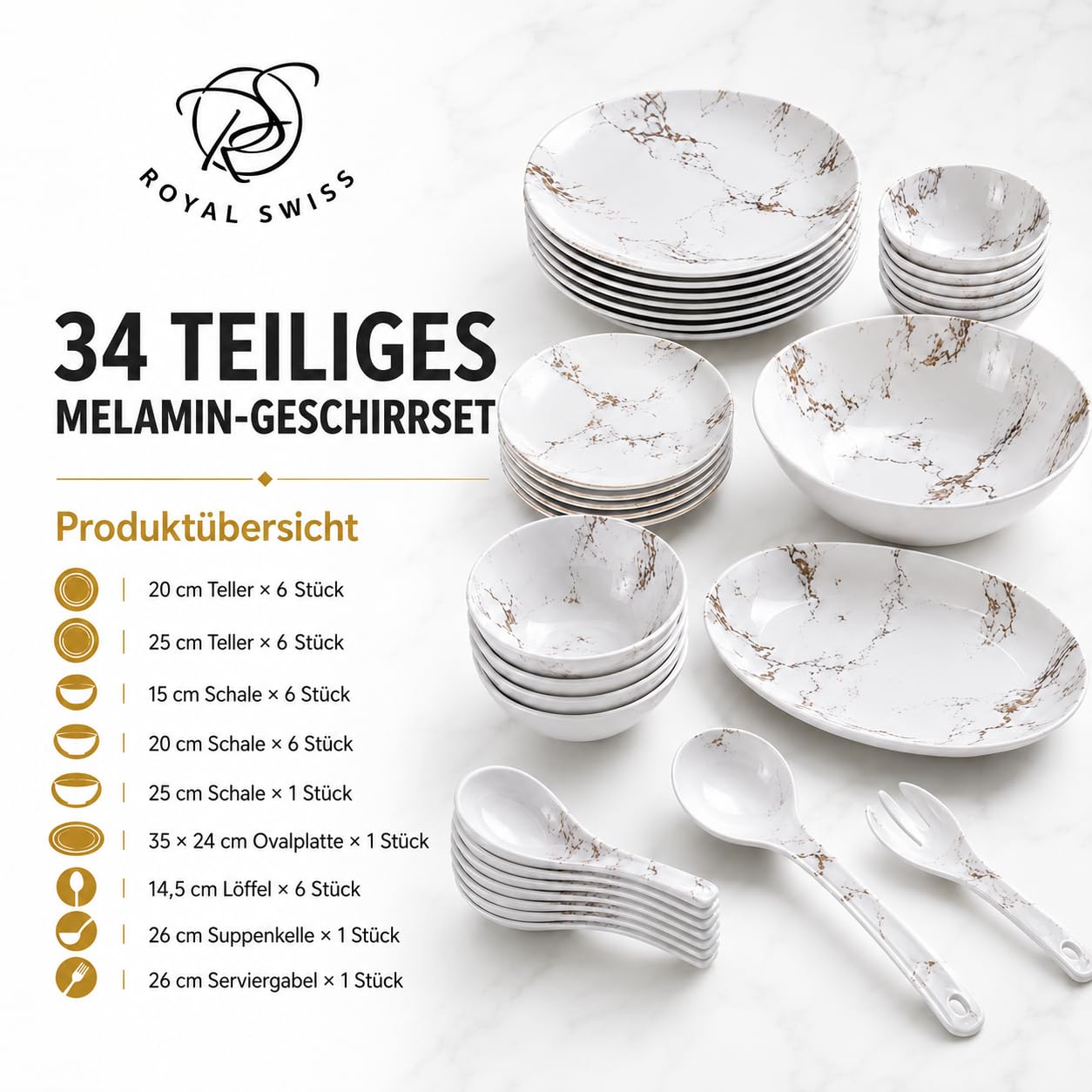 Royal Swiss Melamin Geschirrset 34-teilig für 6 Personen, Weißes Marmor Design, Bruchfest Leicht Stapelbar, Spülmaschinengeeignet, Campinggeschirr für Zuhause Garten Picknick