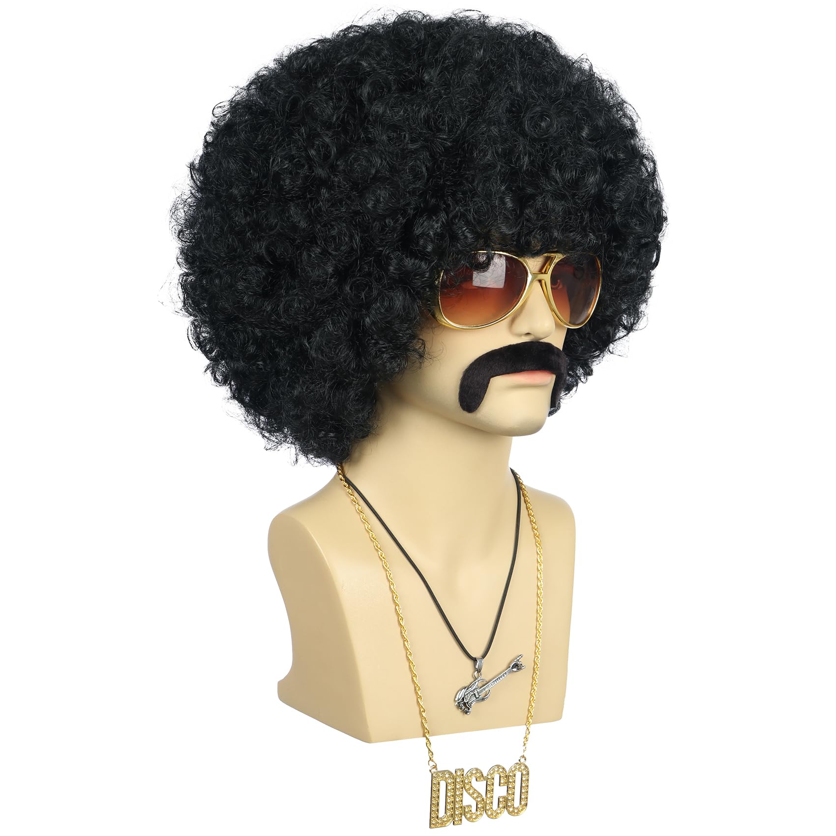 VGbeaty Men Short Wave Black Wig with Glasses and Mustache and Gold Necklace Afro 70s 80s Disco Wig Heat Resistant Synthetic Fiber Soft Durable Breathable Cap for Halloween Costume Party - Image 4