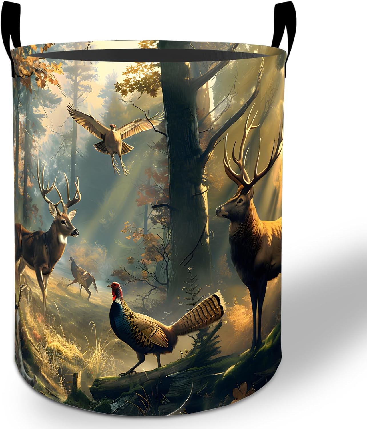 Deer Forest Laundry Basket Hamper 19.7"x15.8", Wildlife Foldable Waterproof Oxford Clothes Storage Bucket for Room Bathroom Bedroom Nursery Decor, Toy Organizer Bins Gifts for Kids Boys Girls