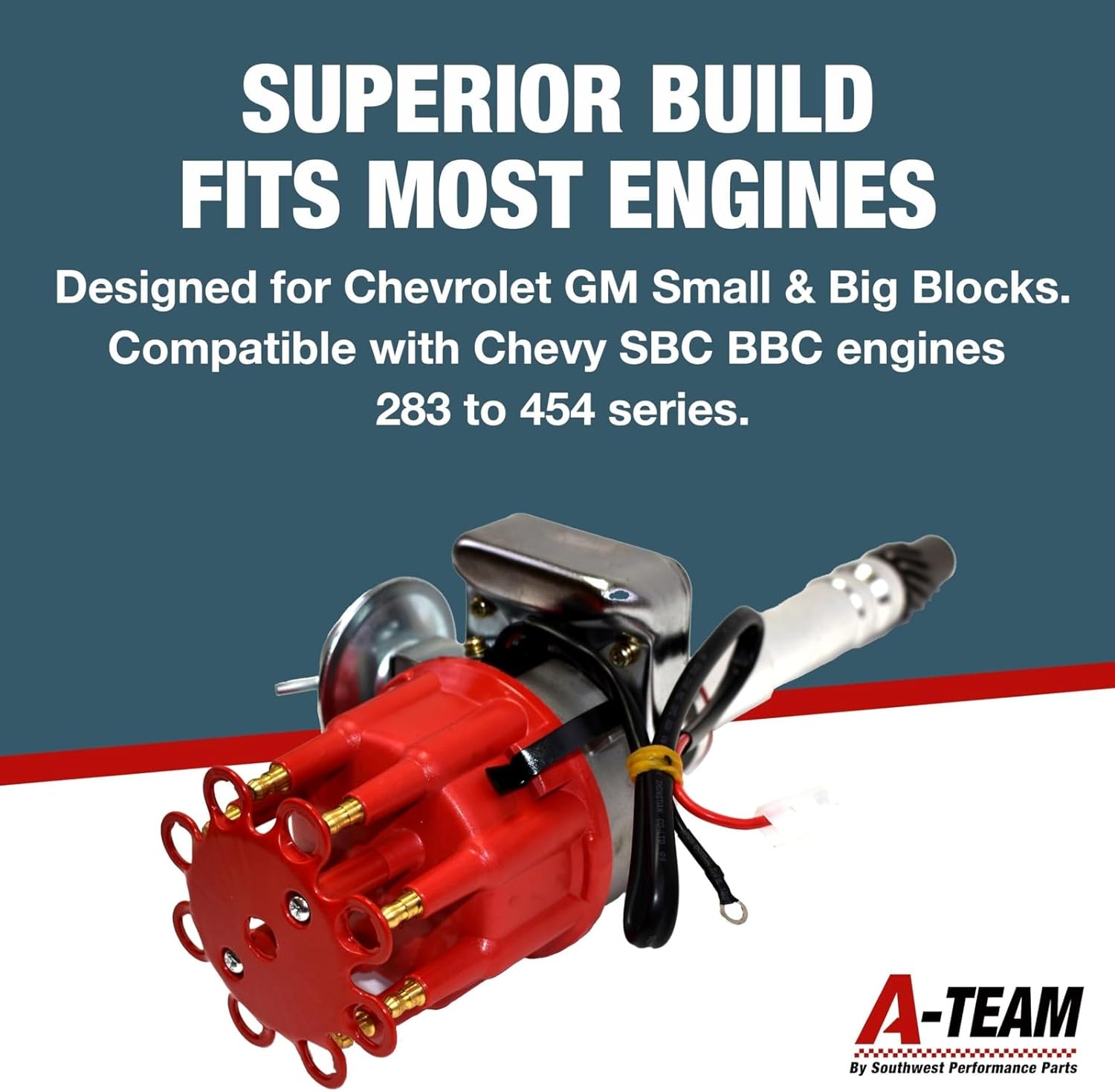 A-Team Performance R2R Complete Distributor - Ready 2 Run Compatible with Chevy SBC BBC 283-454 Series - Automotive Replacement Ignition Parts Two-Wire Installation with Red Cap